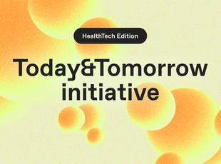 Healthtech edition, Today&Tomorrow initiative on background of orange and bright yellow molecules with a gradient