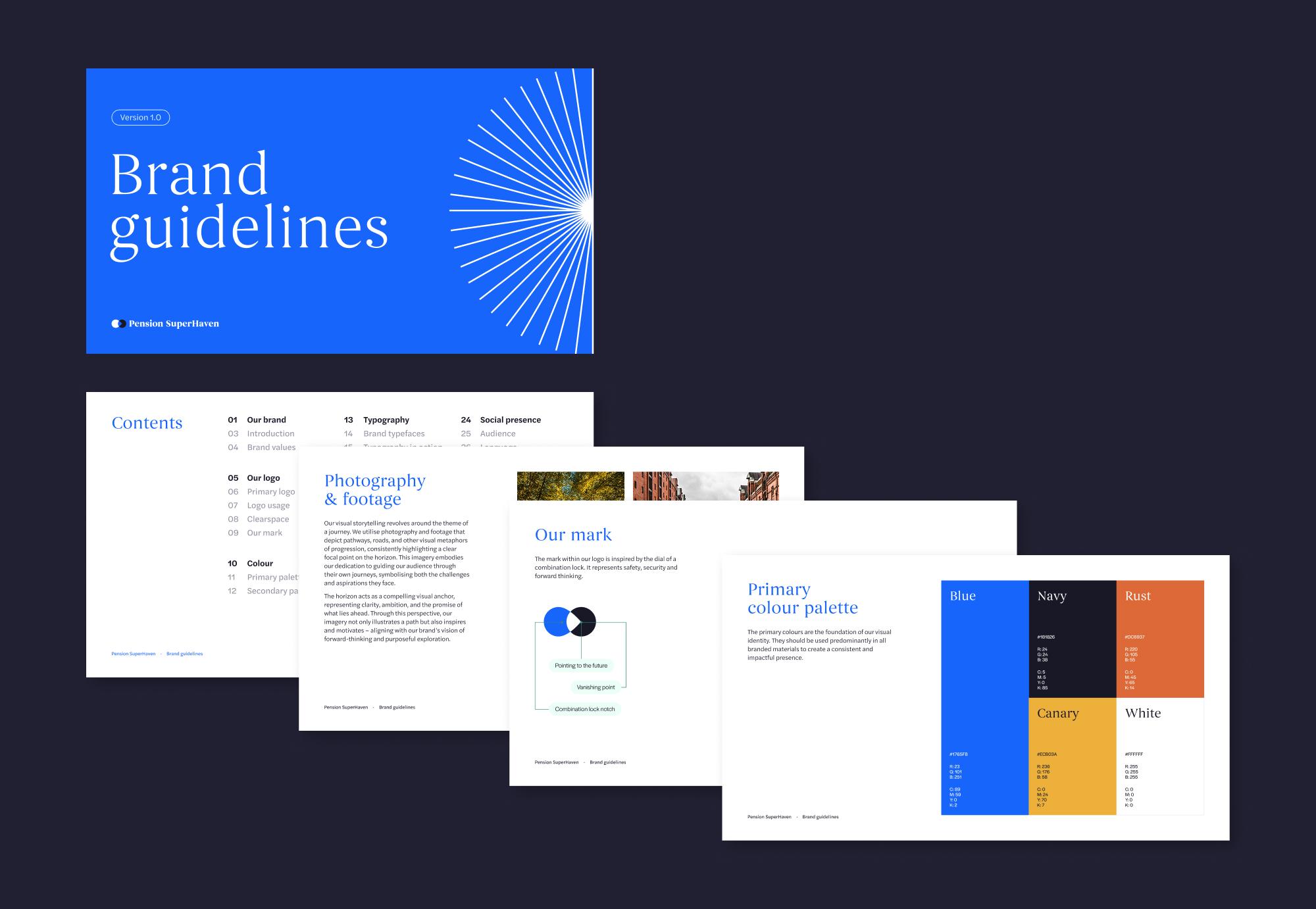 Pages from the brand guidelines document created for pension SuperHaven