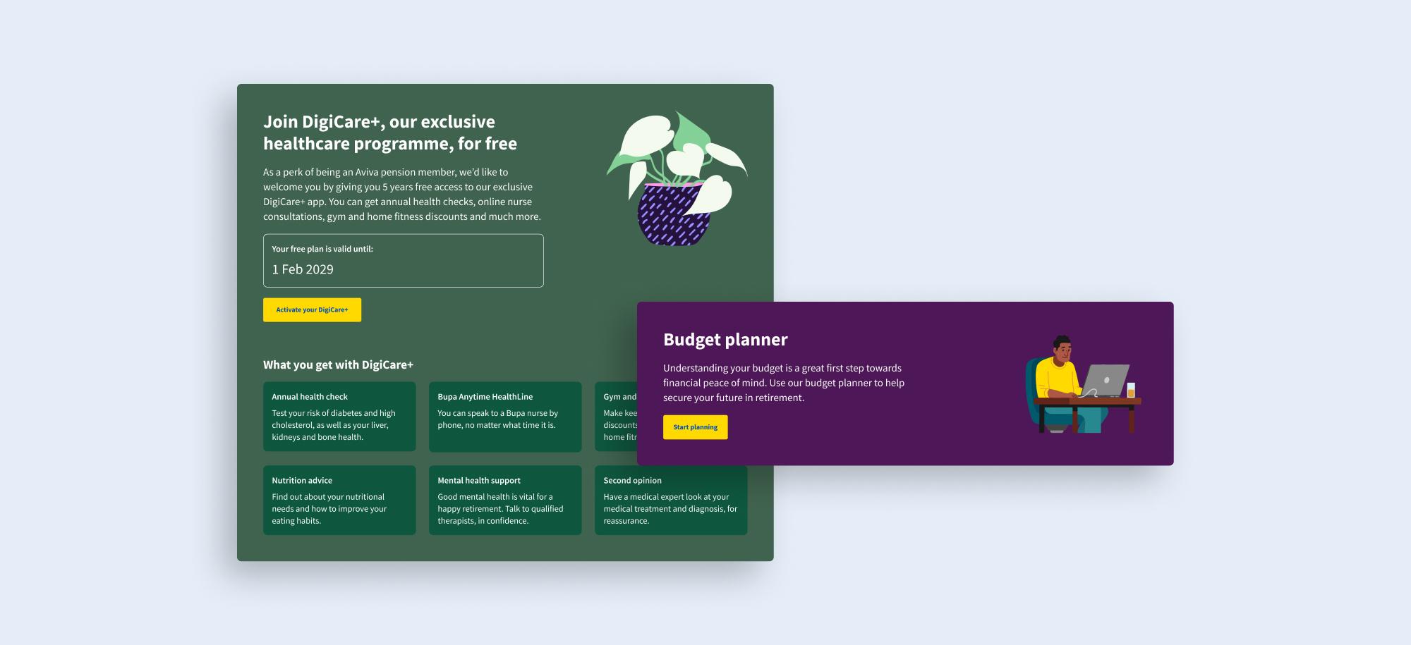 Modules from the product showing Digicare+ and the budget planner