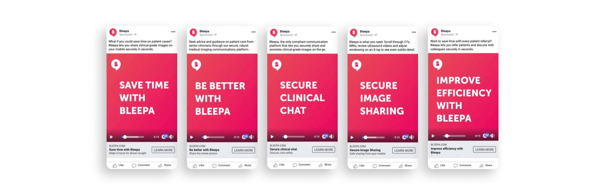 Mockups showing the five messages for Bleepa