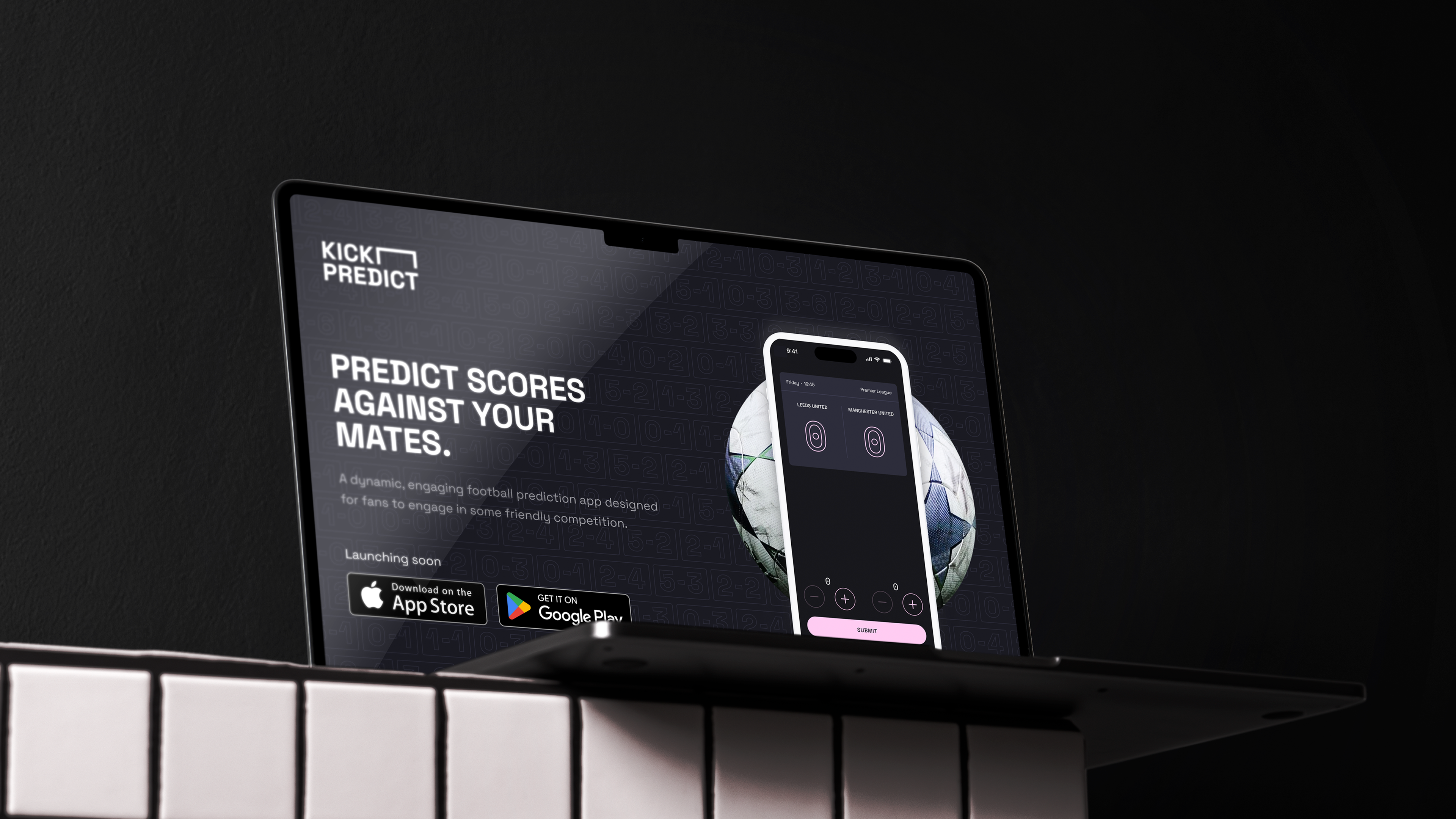 Mockup of the Kick Predict website on a laptop. The laptop is positioned on a white tiled step against a dark background
