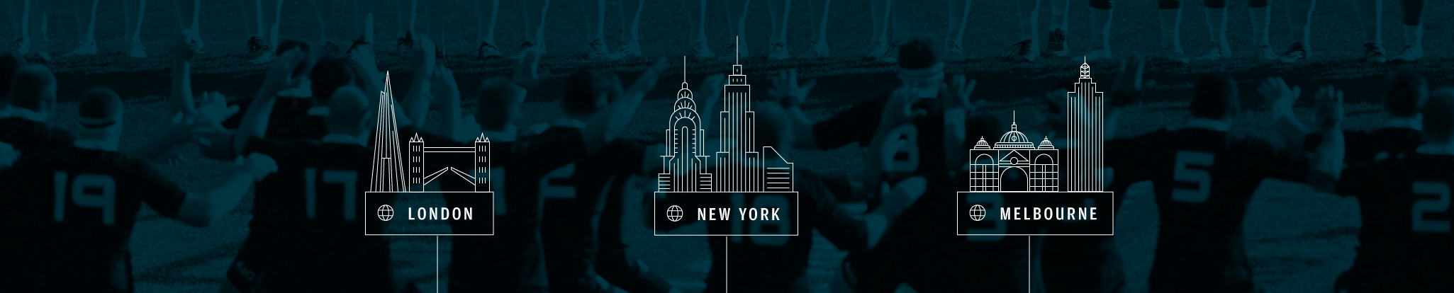 Iconographic illustration of the cities of London, New York and Melbourne