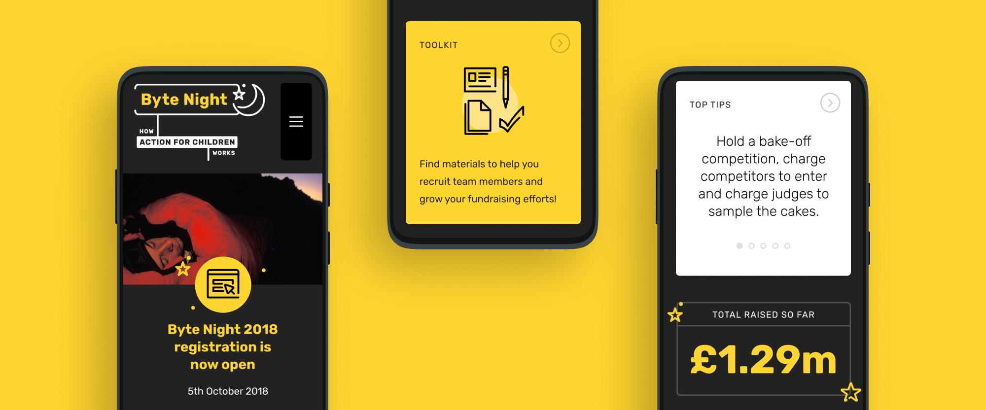 Mockups of pages from the Byte Night mobile website