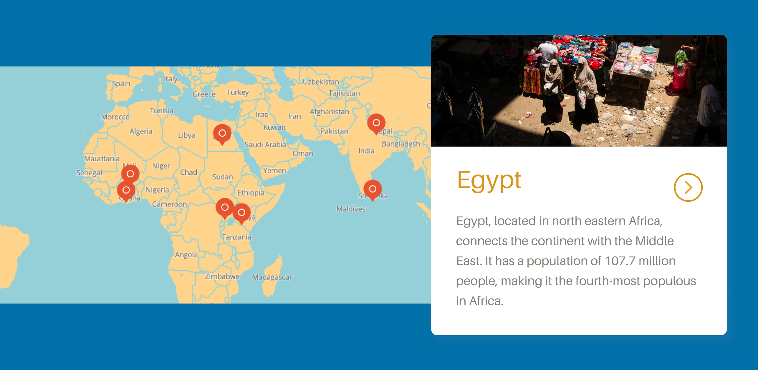 A map of Africa with map pins on with a card showing information on Egypt