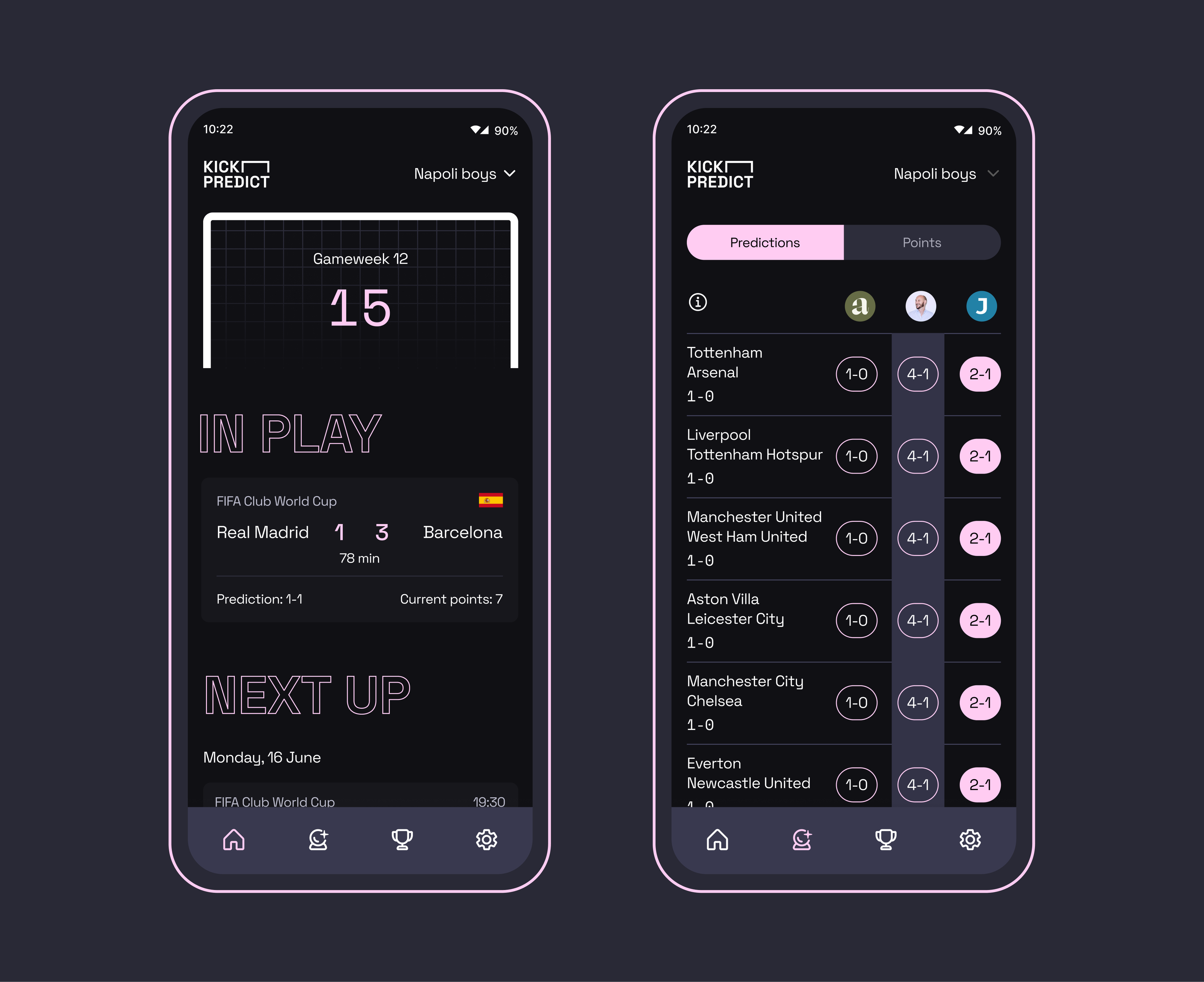 Mockups of two phones showing screens from the Kick Predict app