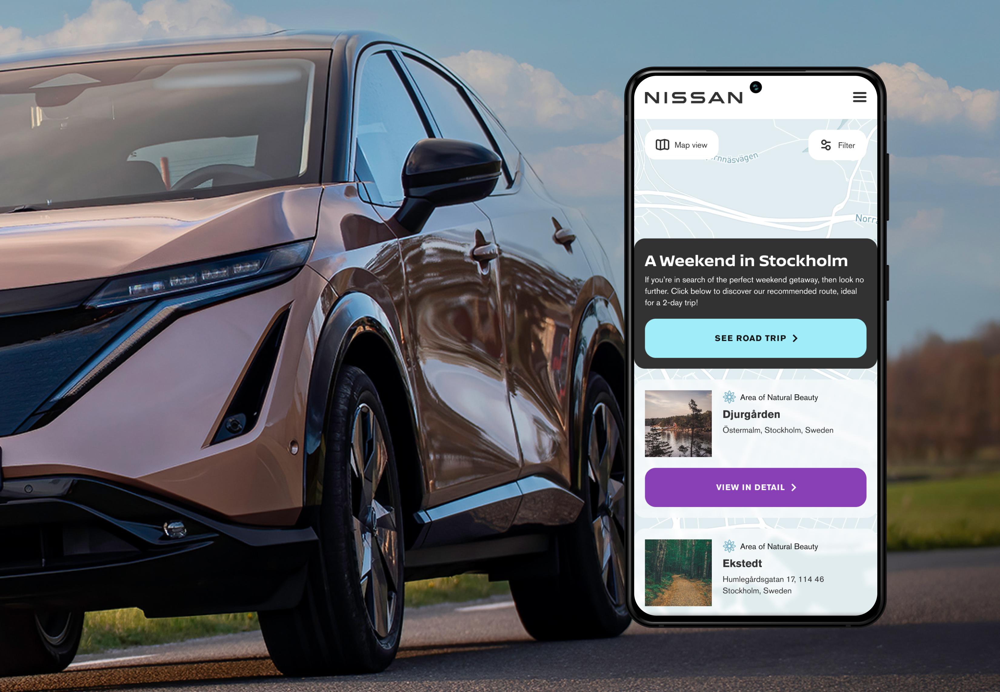 a screenshot of the mobile website in a phone with a photo of the nissan ariya in the background