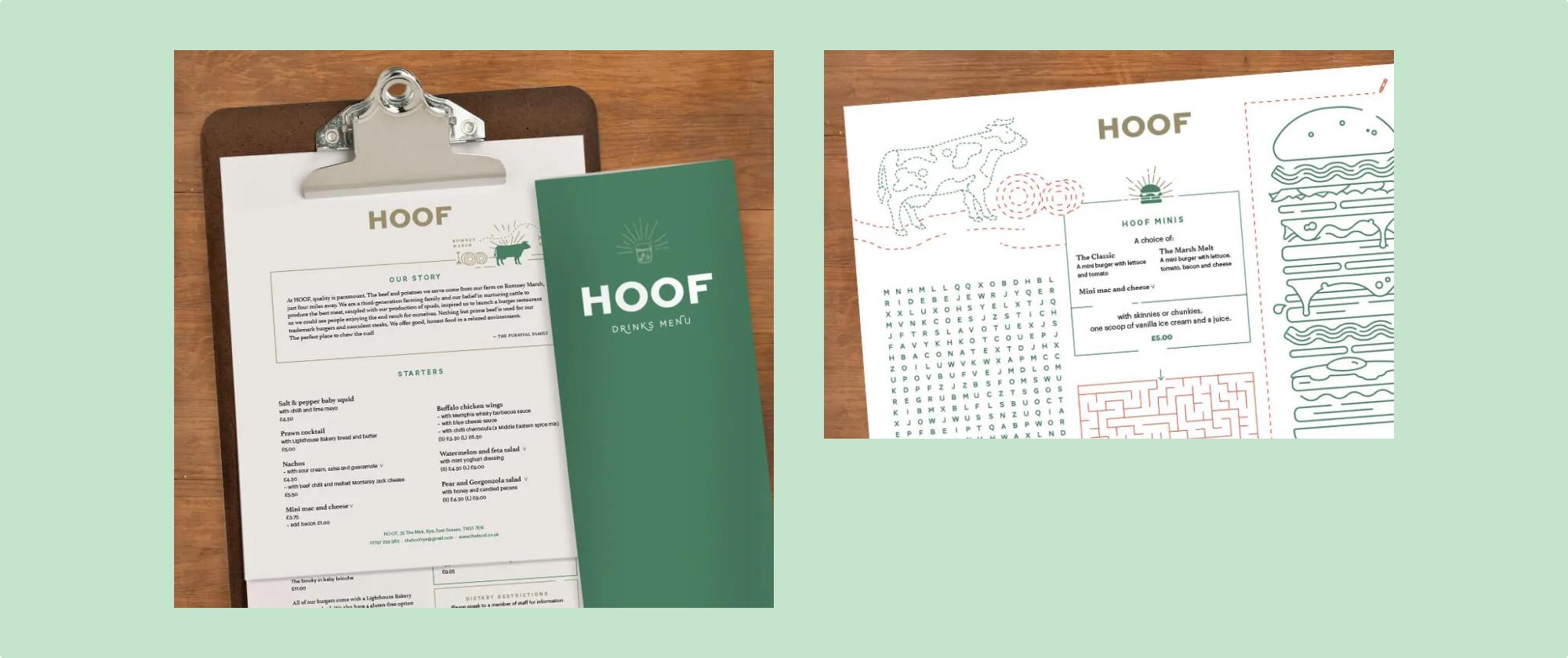Mockup of the Hoof menu designs and children's menu showcasing how the illustrations can be coloured in