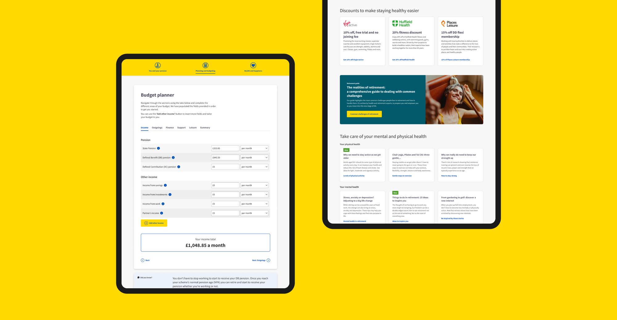 Mockups of pages from the product on tablet devices showing the budget planner and benefits and discounts