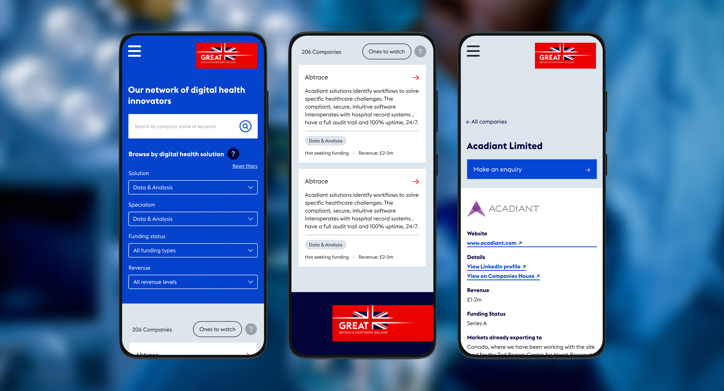 3 mobile devices displaying the digital health playbook. device 1 showing the filter, device 2 showing results and device 3 showing a single result page