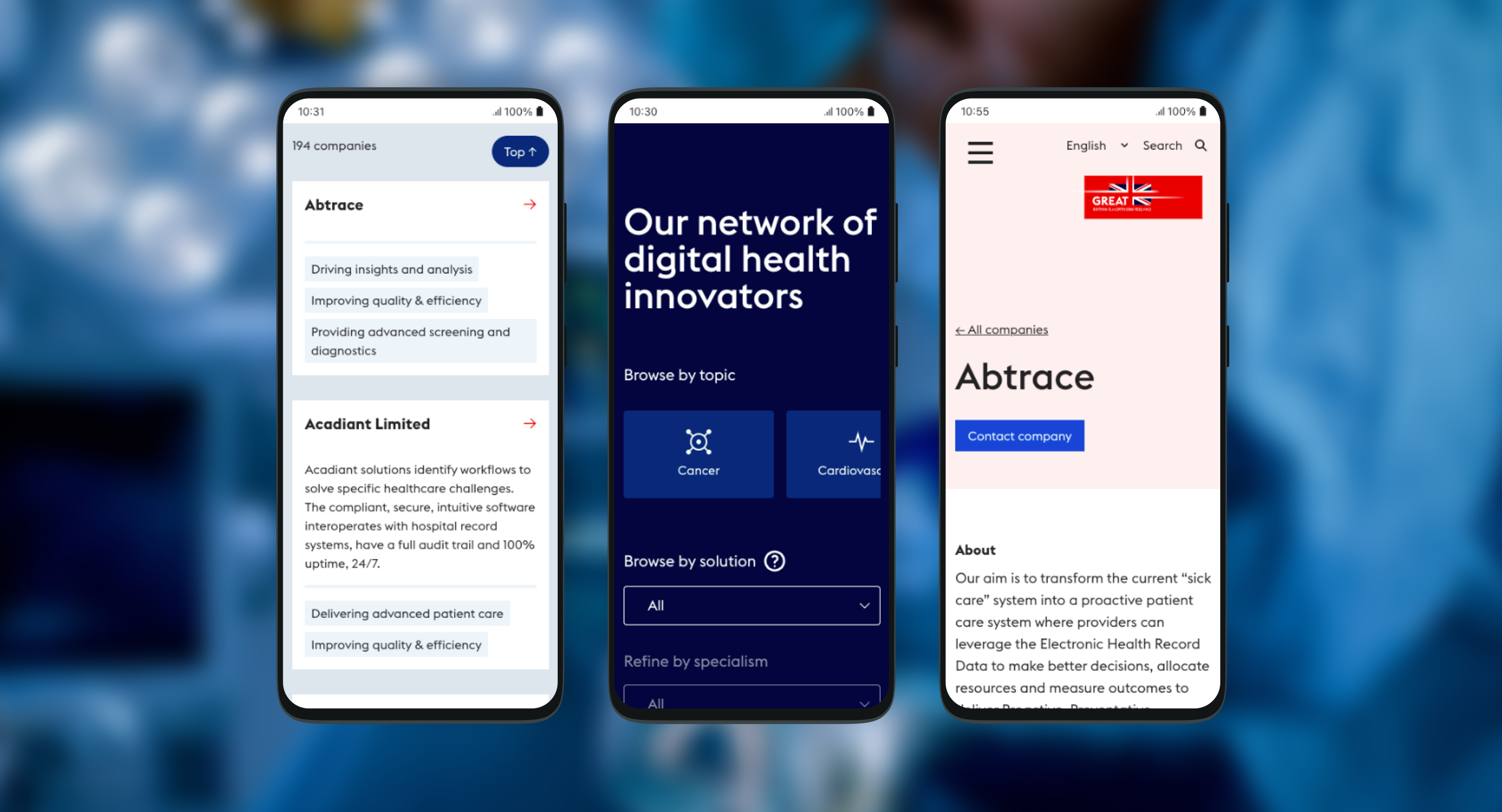 3 mobile devices displaying the digital health playbook. device 1 showing the filter, device 2 showing results and device 3 showing a single result page