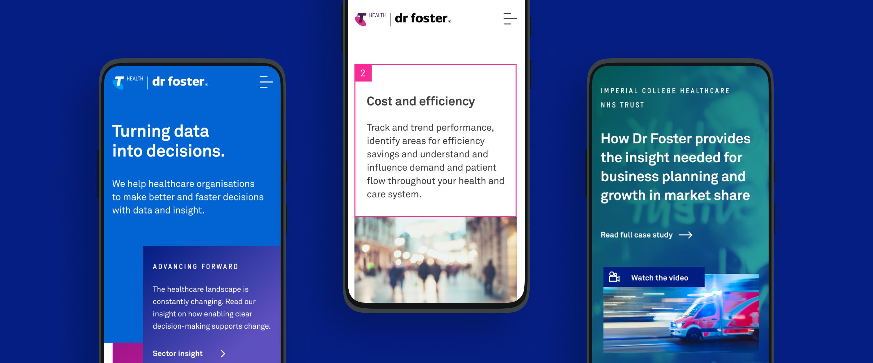 3 phones in a row with different screenshots of the drfoster website