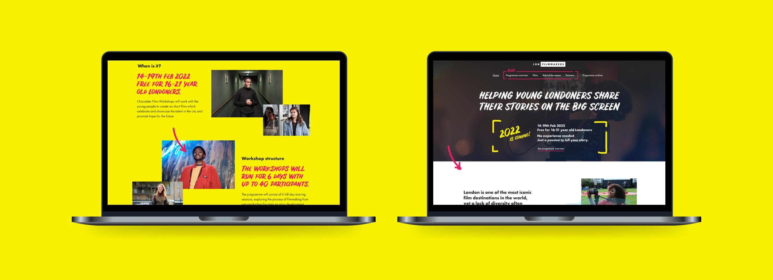 Mockups of the site in two side by side laptops
