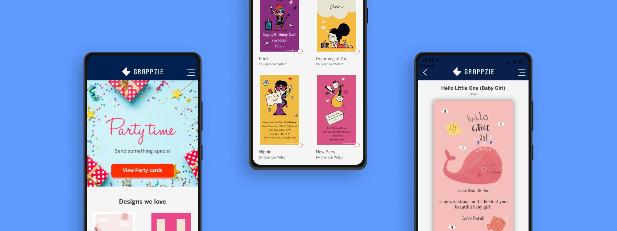 Mockups of the app in phones showing different pages