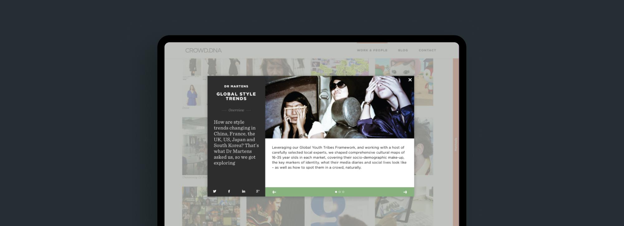 a mockup of a case study pop up within the crowd dna website
