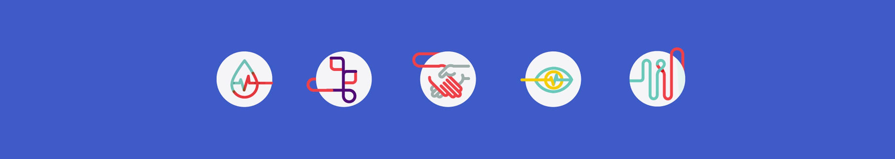 Icons depicting a blood drip, a plant, a handshake, an eye, and an IV. All in the brand style.