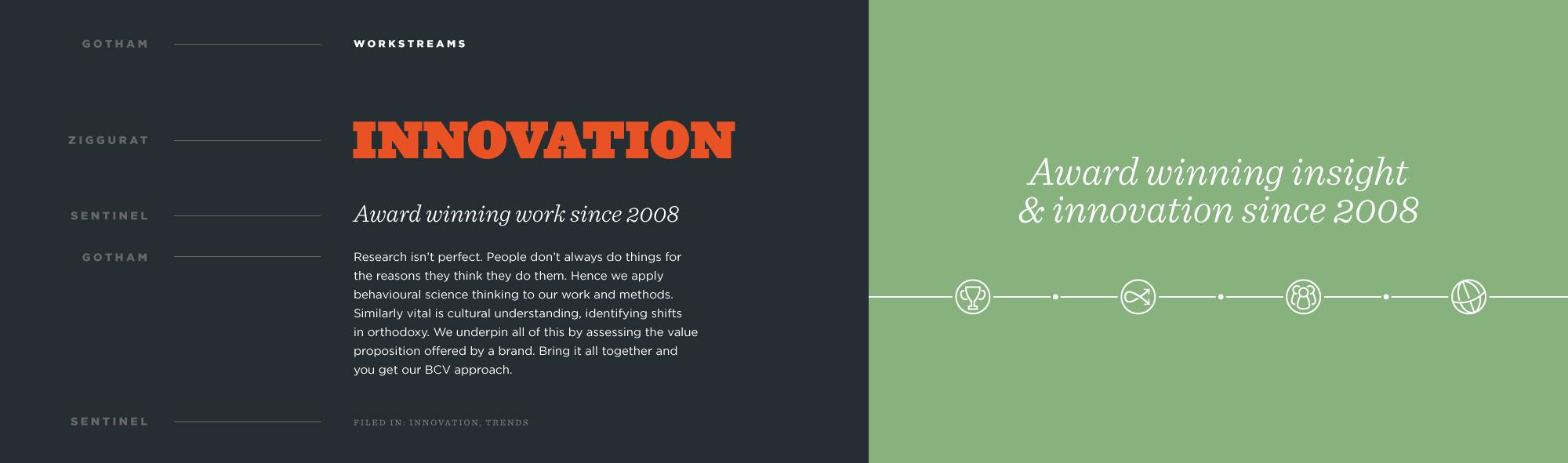 An example of a hierarchy of typography, different heading levels and paragraph styles labelled. Next to it is an image of iconography used within the timeline segment of the project. icons of a trophy, an infinity arrow, people and a globe. with the title "award winning insight and innovation since 2008".