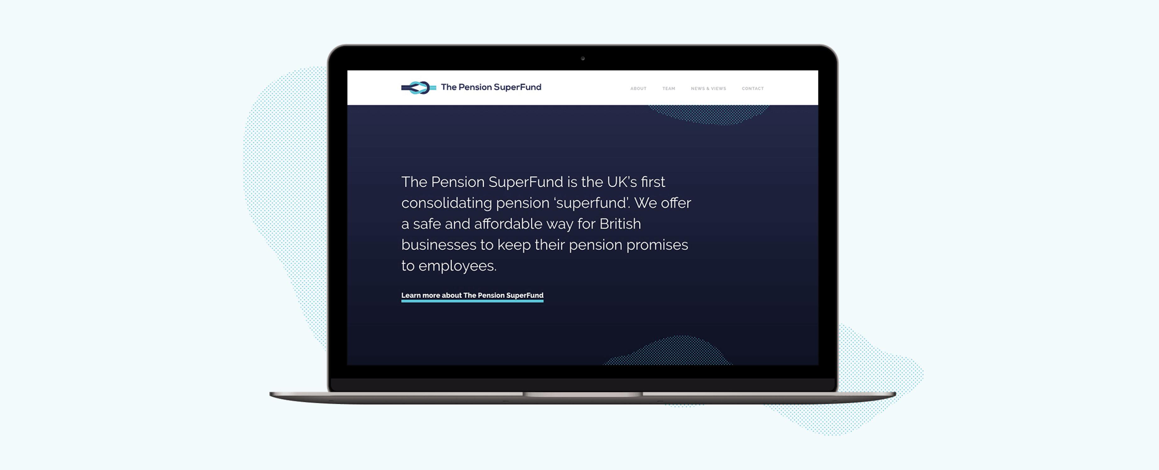 an isolated photo of a macbook with the Pension Superfund website homepage header in view. The header displays the logo and some welcoming text.