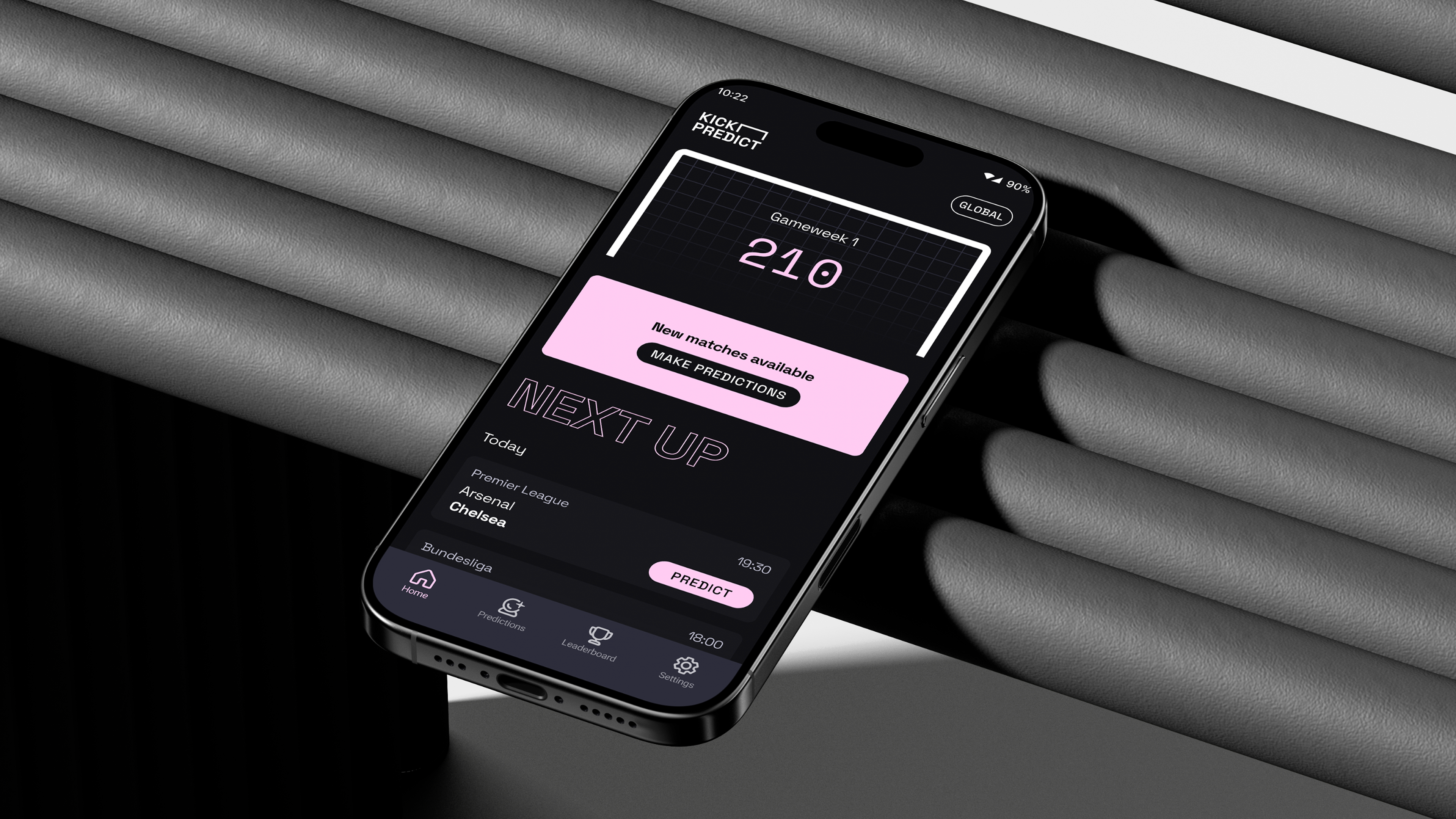 Mockup of the Kick Predict dashboard on a phone