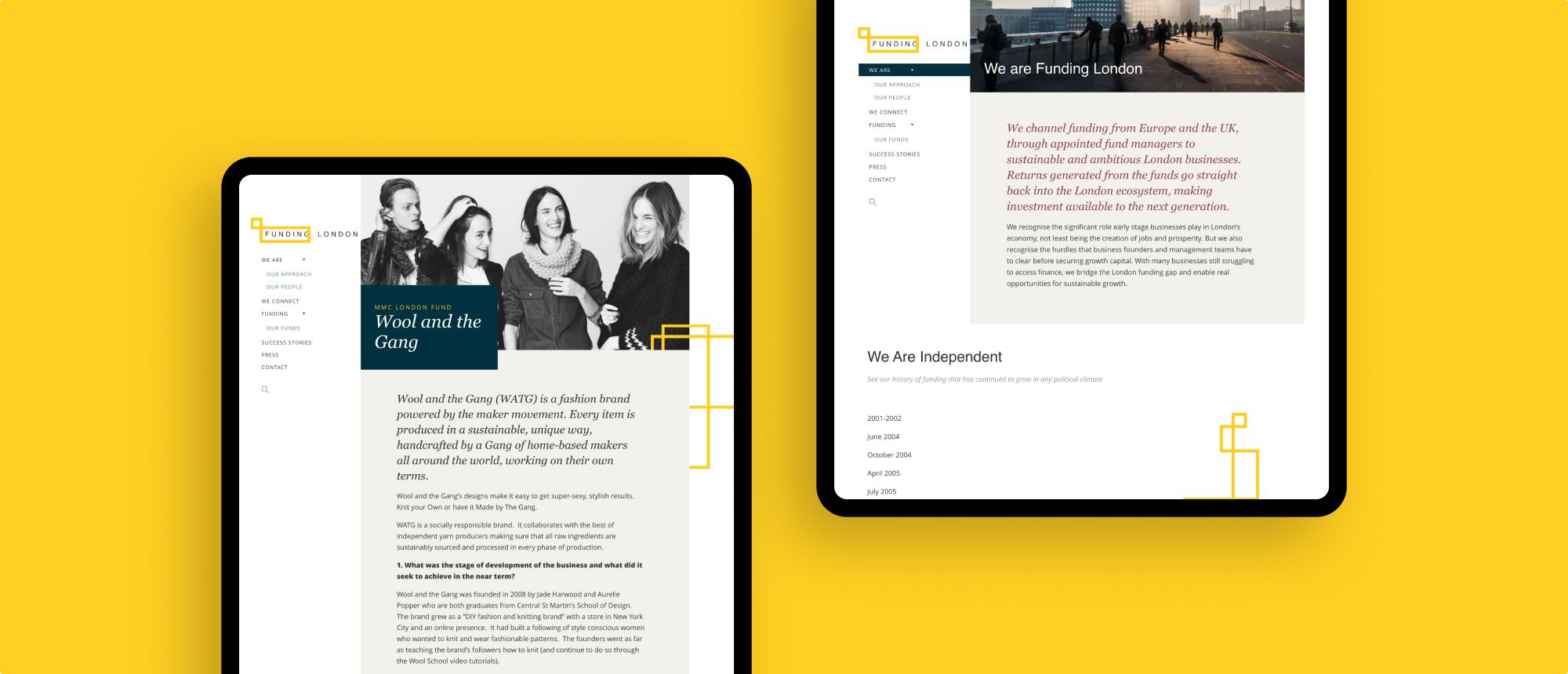Finding London website pages mocked up on two ipads