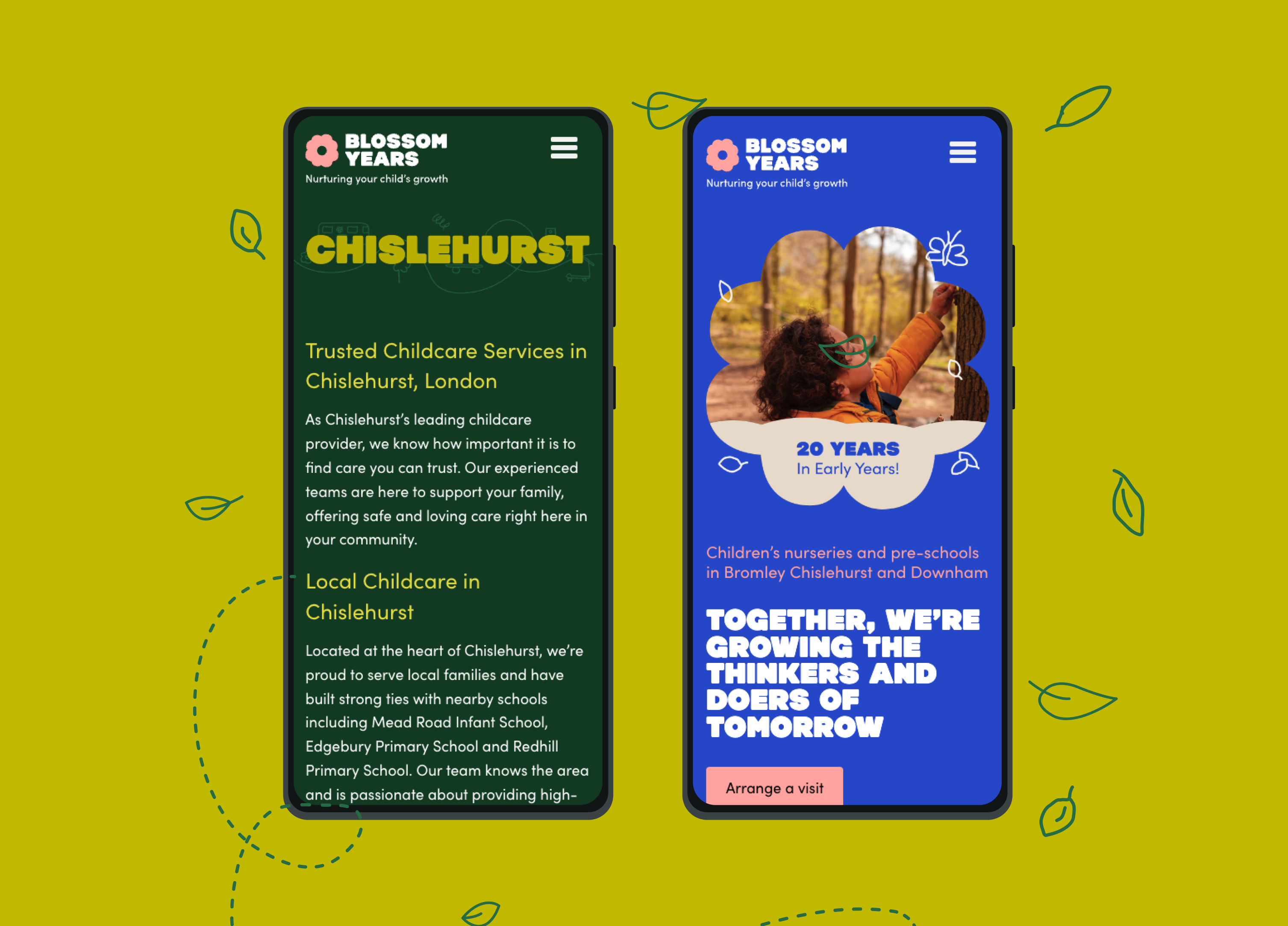 2 mobile screenshots of the Blossom Years site. Image 1 is text led about a nursery and image 2 is the homepage header, featuring an image of a child in the forest.