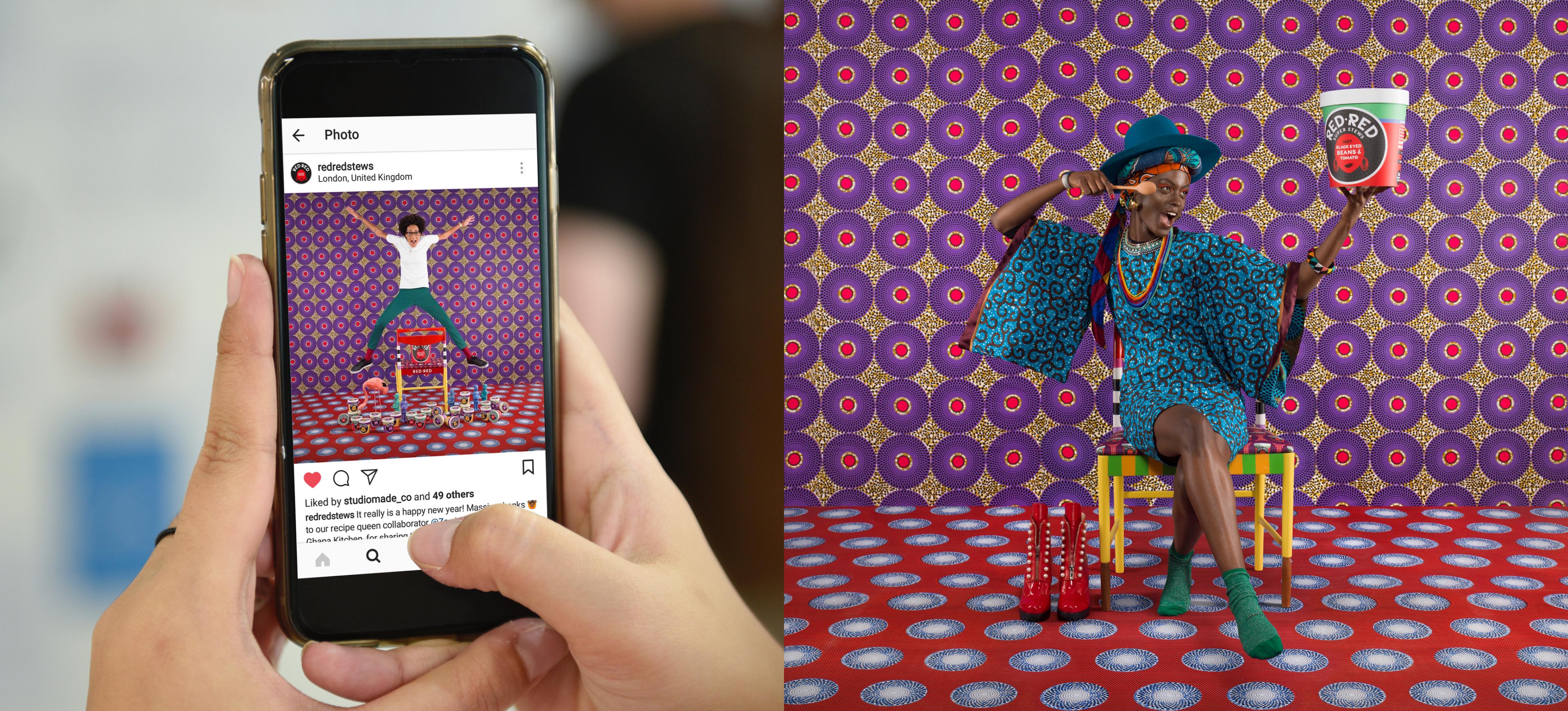 Mockup of a mobile Red Red instagram post and an image of a woman holding the Red Red product in front of a patterned background