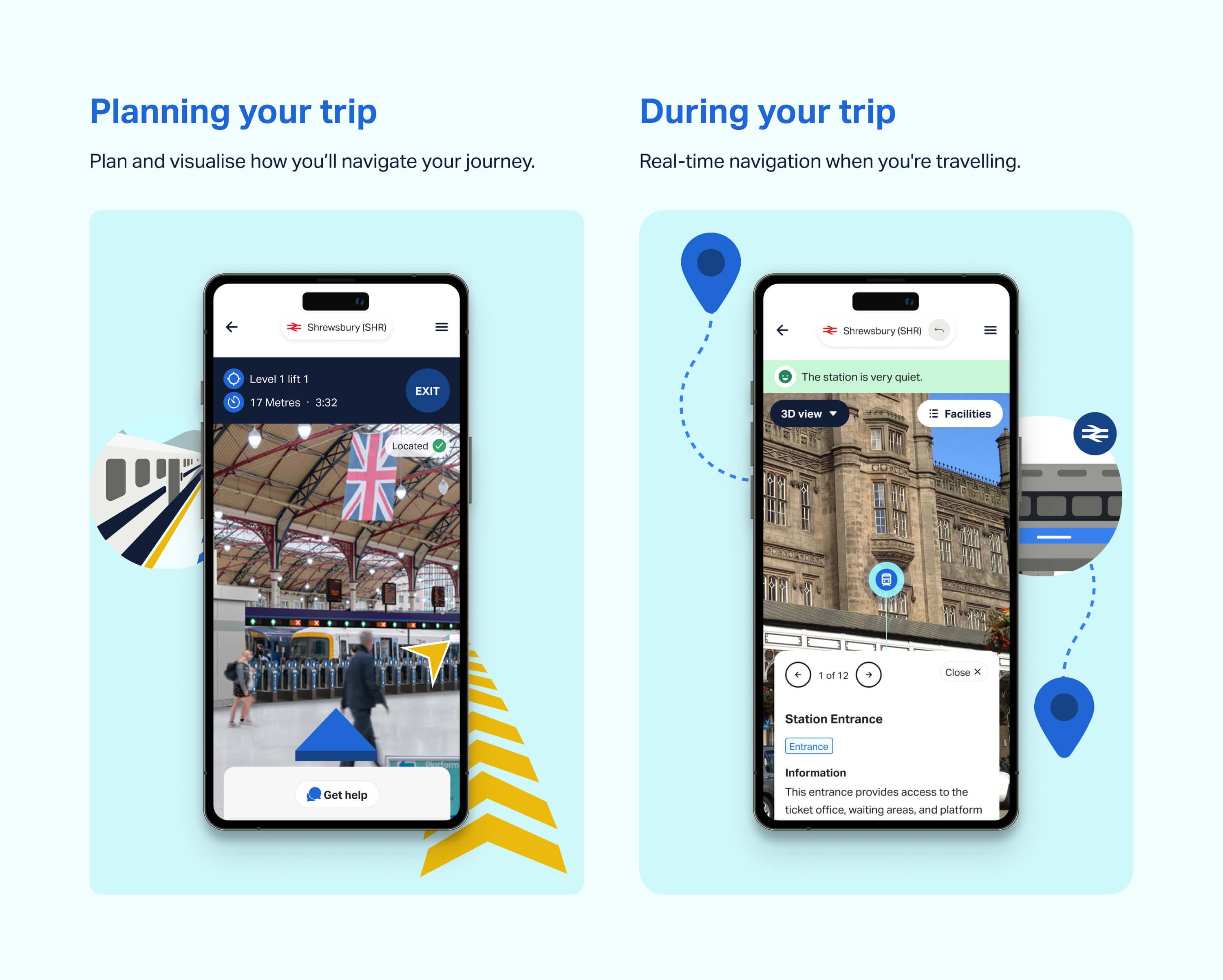 2 phones with app screenshots from Briteway with train related UI surrounding it