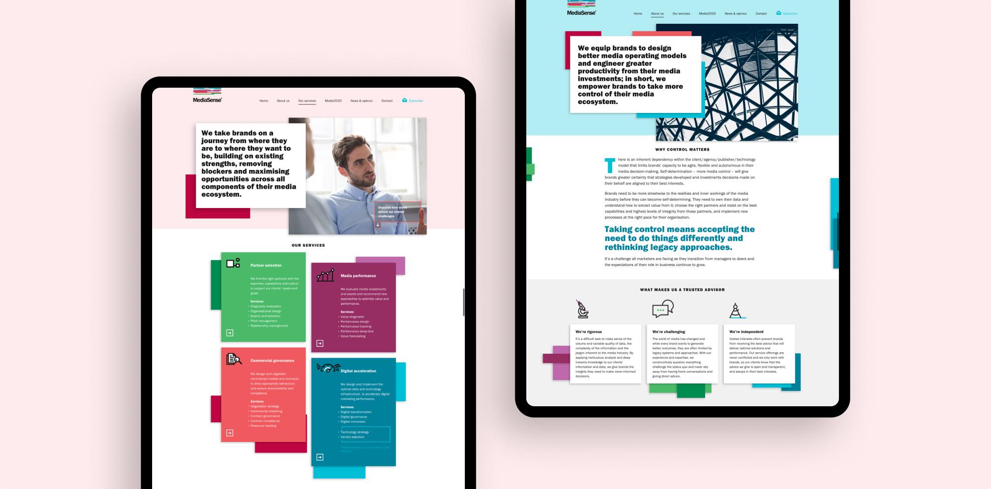 Image of the 'Our services' page from the MediaSense website design. The page depicts a header image of a man with some leading text next to it. Under that are 4 services split into 4 coloured squares with an icon representing each and bullet points summing them up. Next to it is an image of the 'About us' page from the MediaSense website design