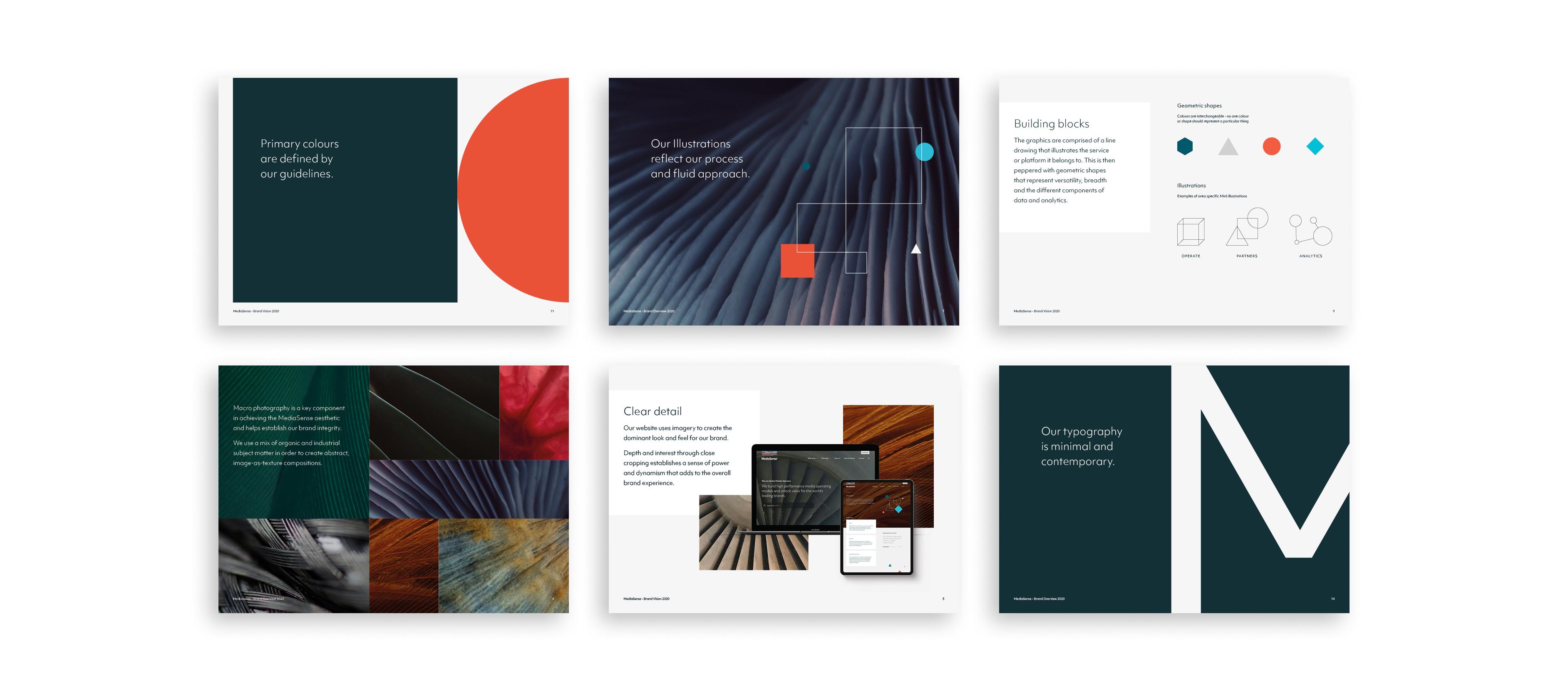 Pages from the brand guidelines document, showing the brand application