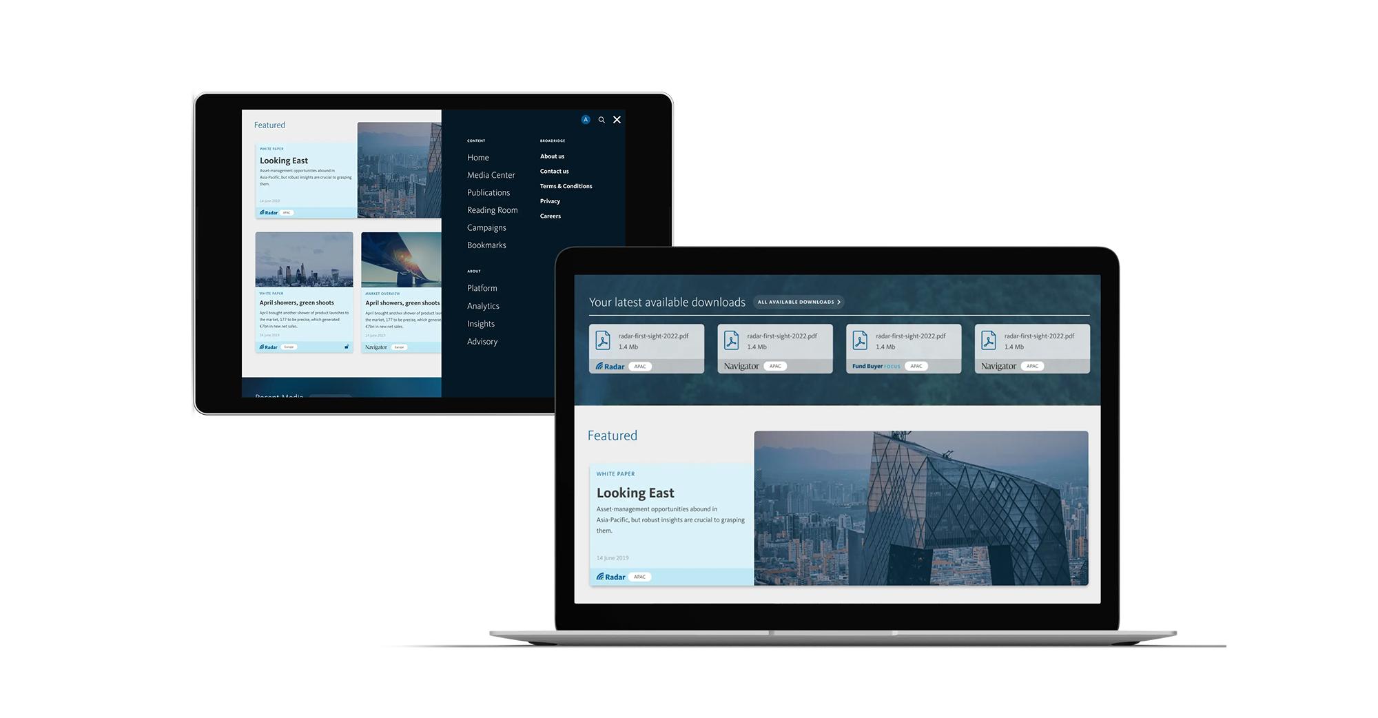 Mockups of the Broadridge website in a tablet and laptop