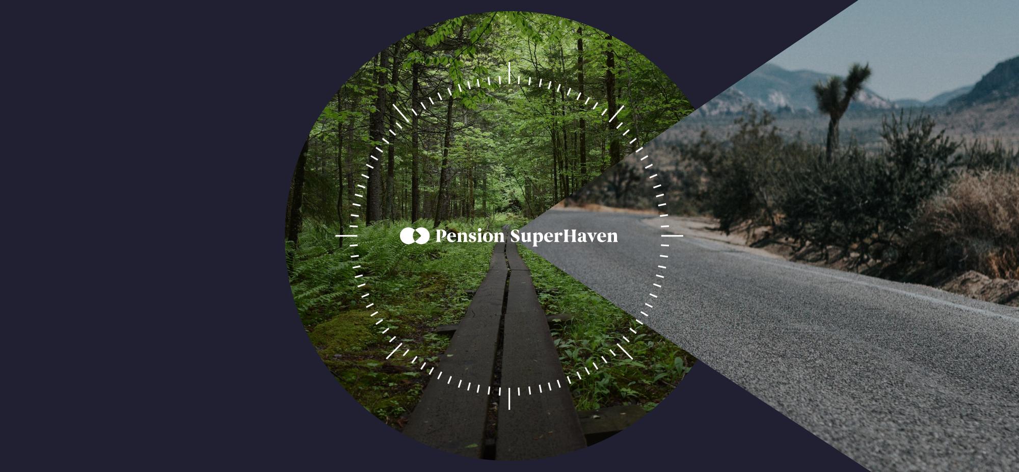 Photographic collage image of a road in a forest and a motorway road with the Pension superHaven logo in the centre