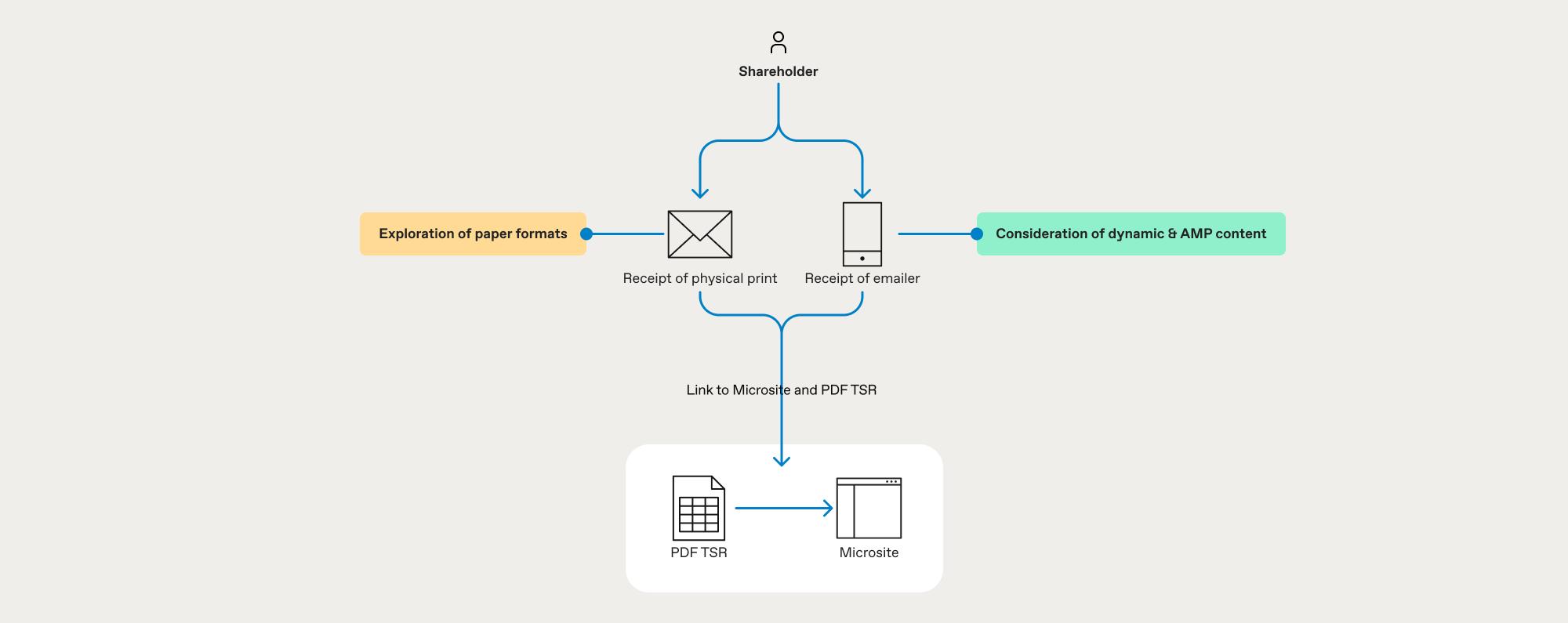 Diagram showing how the Tailored Shareholder Report will be sent out. The Shareholder will send out the TSR in printed format as well as via an email. Paper formats will be explored for the physical version of the report and dynamic and AMP content will be considered for the email version of the report. Both the printed and email reports will have links to access the TSR microsite and PDF version of the report.