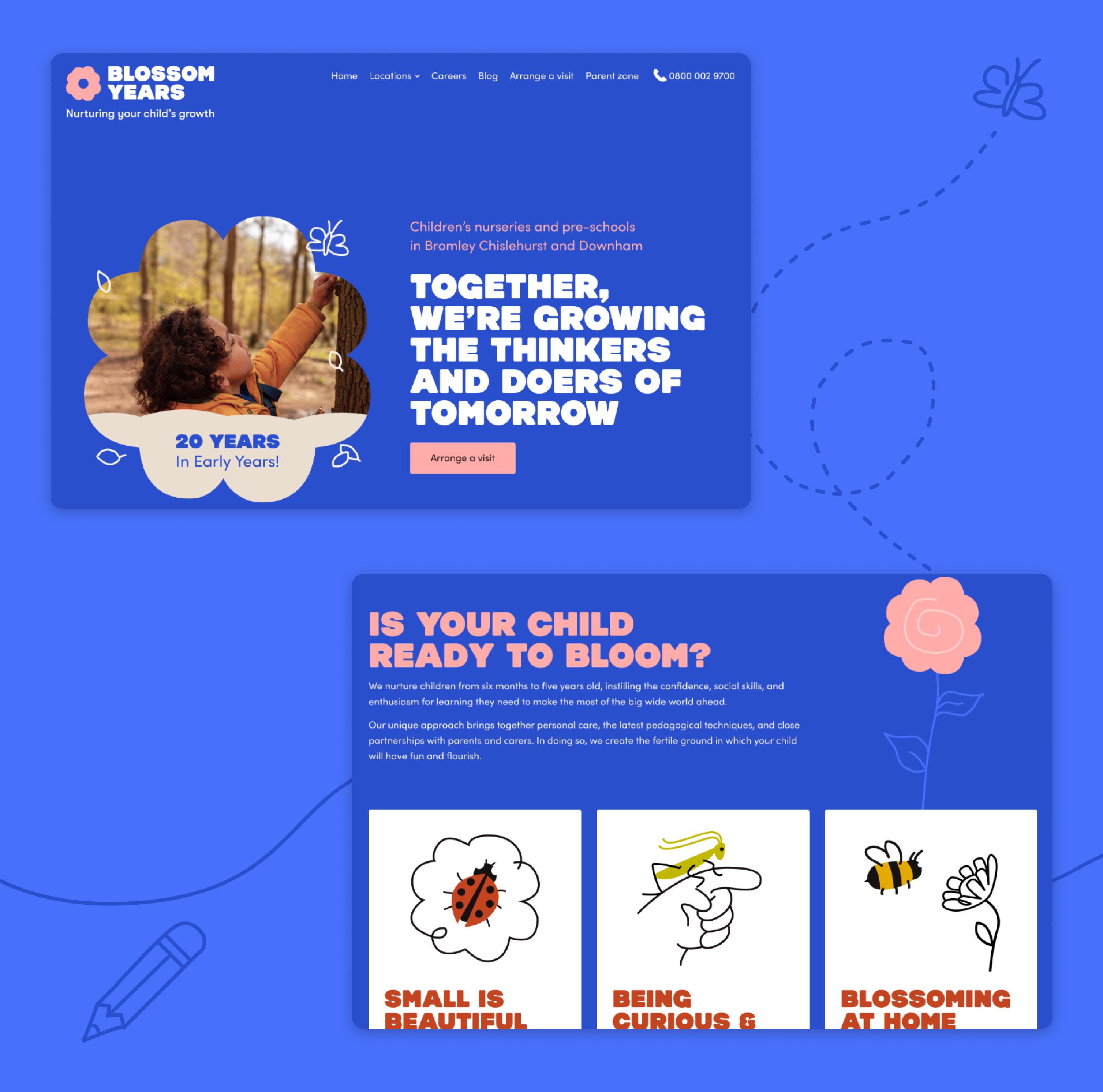 Screenshots of the Blossom years website. Image 1 depicts the homepage header with Welcoming text and an image of a child in a forest cropped into a flower. Image 2 depicts 3 illustrations which are of insects drawn in a friendly style.