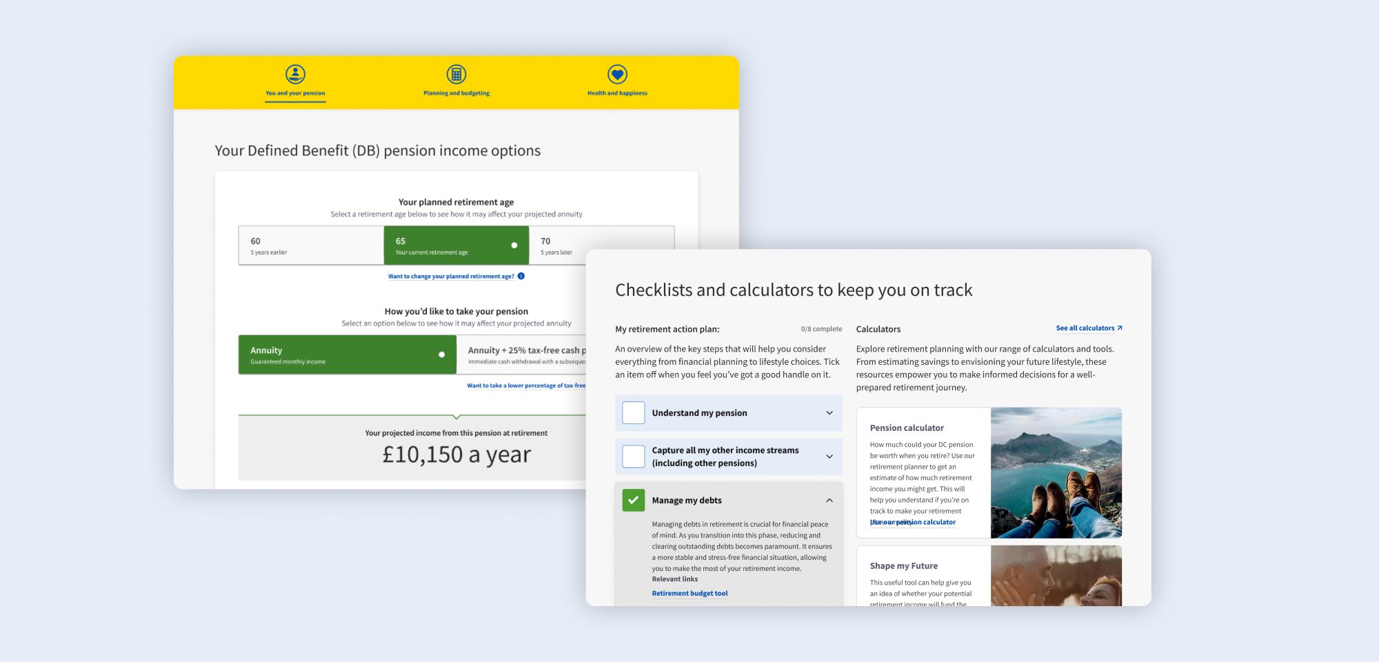 Visuals of pages from the product showing pension calculators and checklists