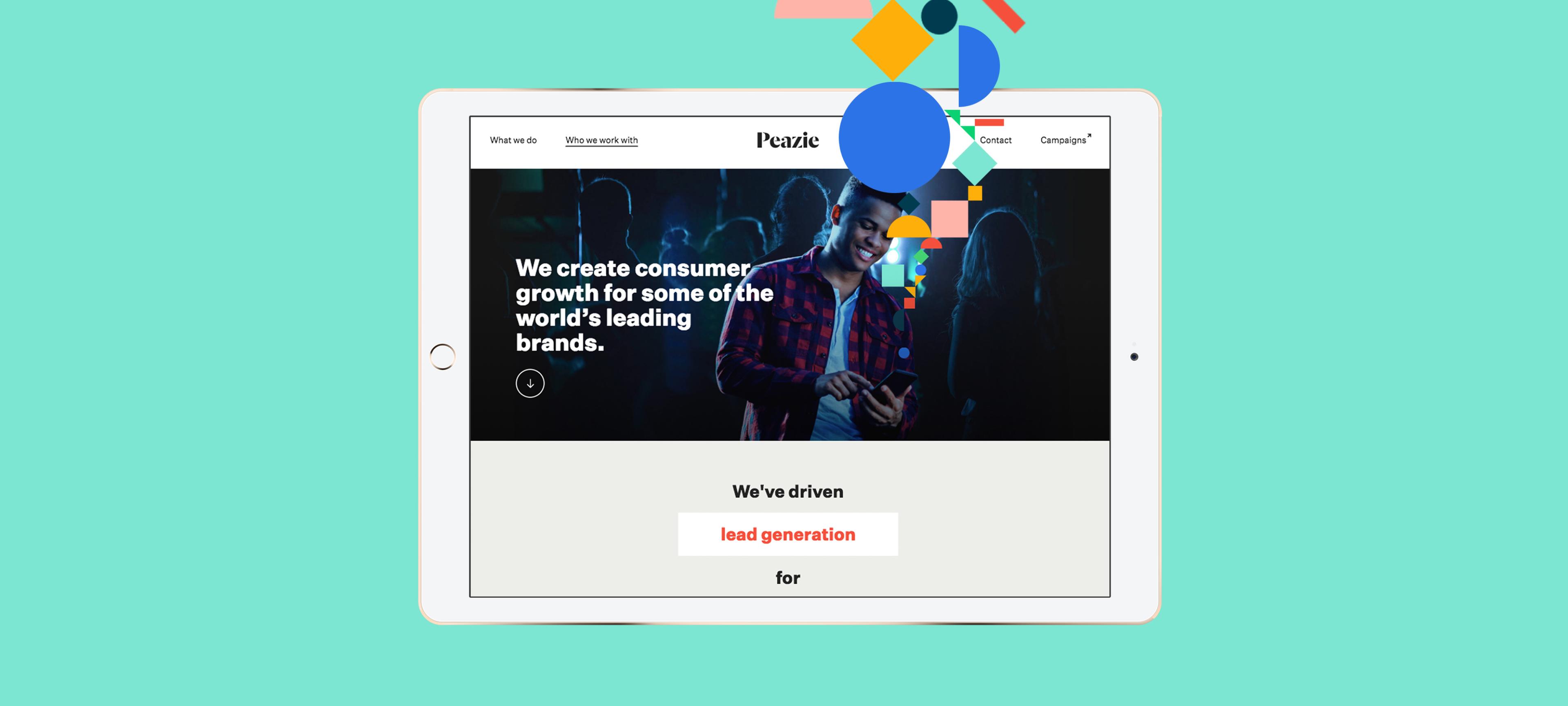Mockup of the Peazie website on an iPad, embellished with colourful, geometric shapes from the brand design