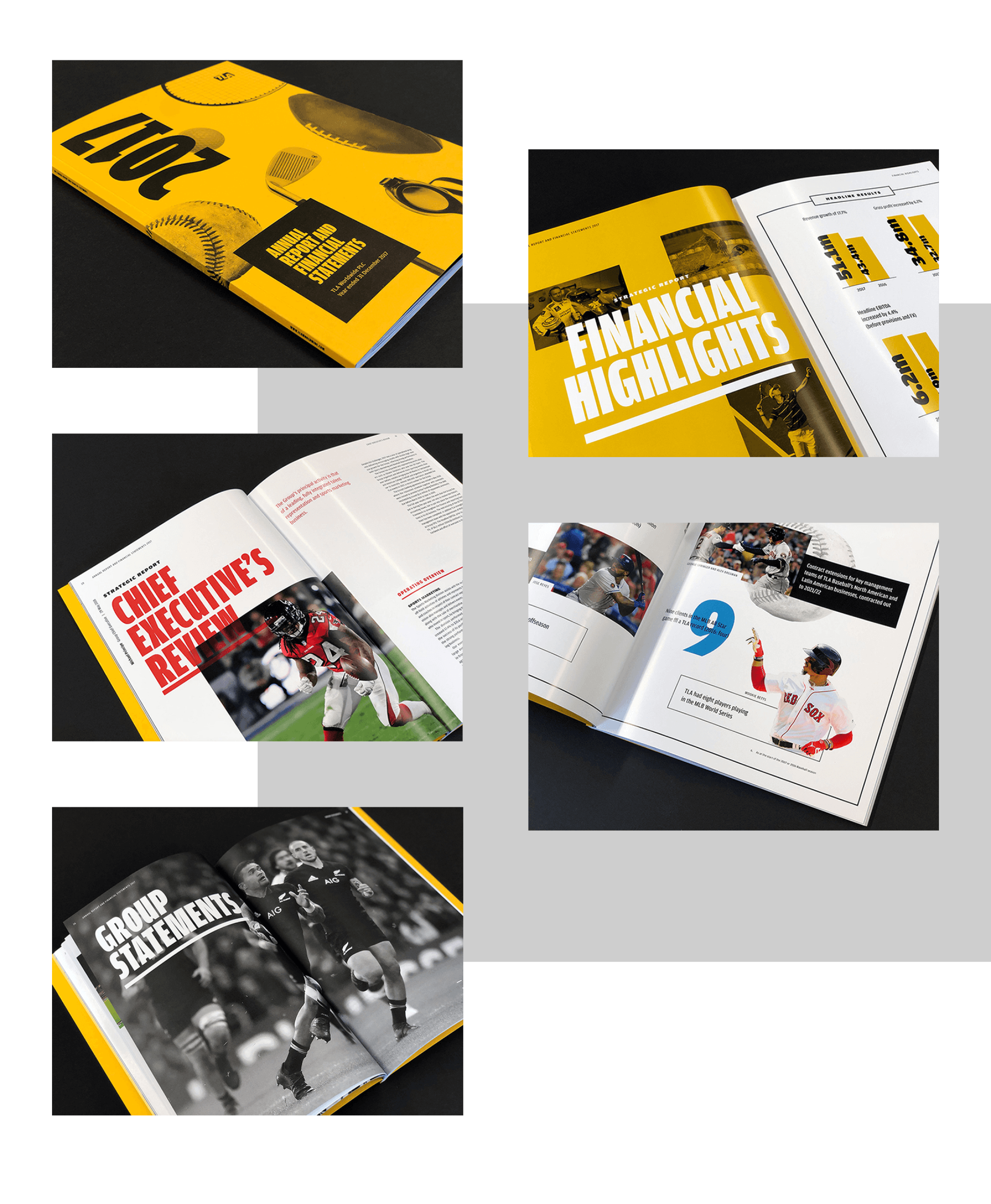 A collage of photographs of the printed annual report ranging from the front cover, showing detailed illustration and the internal pages of double page spreads of photographs of baseball games and image cut outs of baseball players interacting with large typography