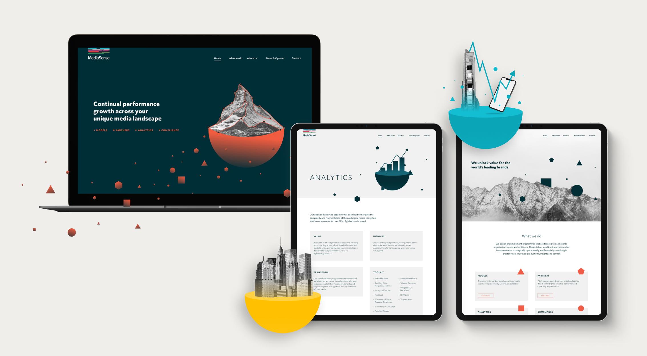 Mockups of the creative exploration in a laptop and two tablet devices. The design shows cut out photography of mountains and cities emerging from coloured spheres that have been cut in half