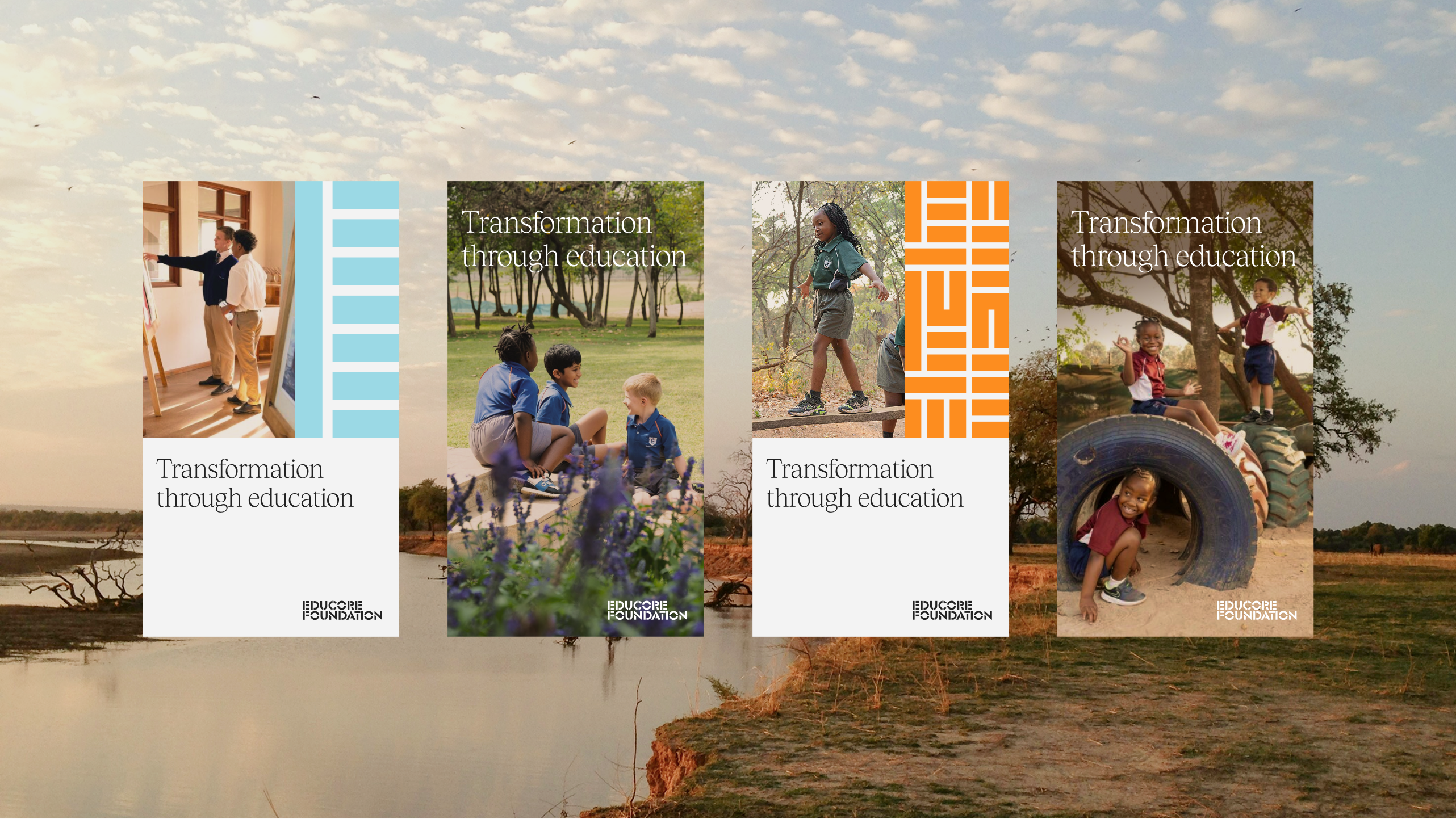 educore social story posts overlaid on a photograph of the Zambian countryside
