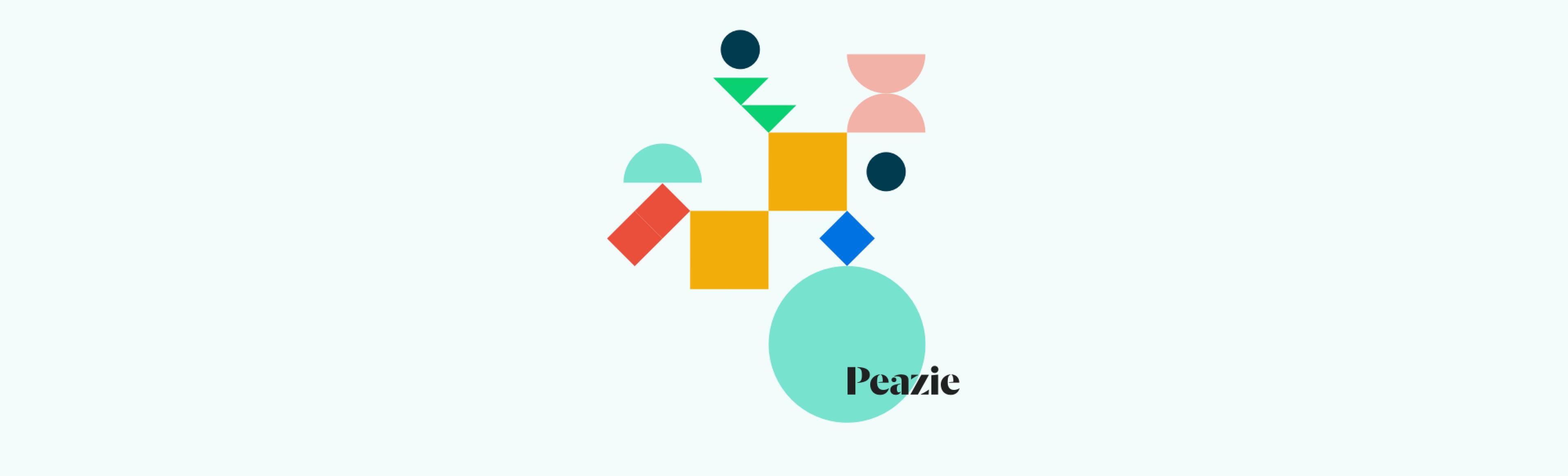 Illustration representing the brand created for Peazie - colourful geometric shapes surround the logo