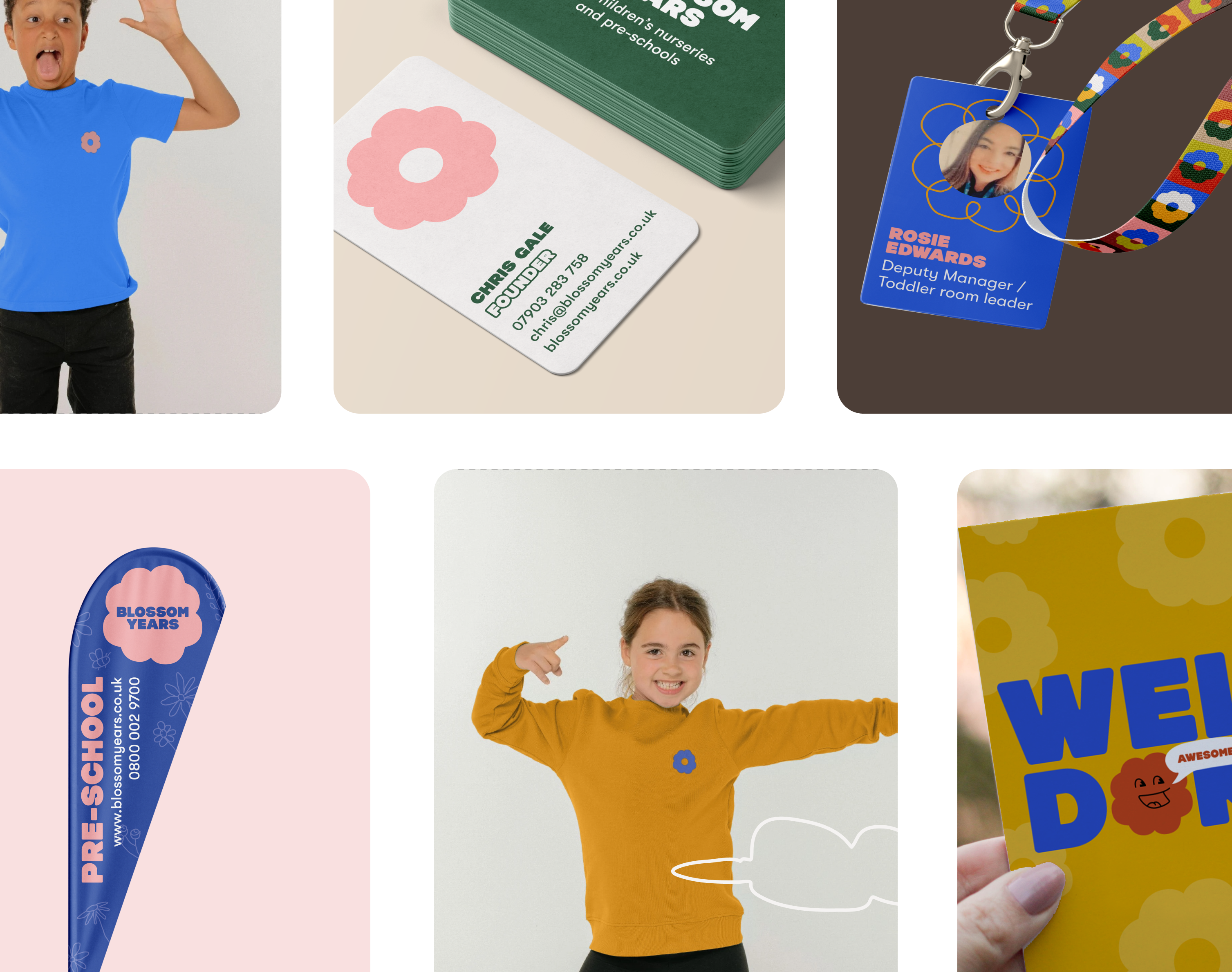 A collage of other promotional mockup materials for Blossom Years, featuring: uniforms, business cards, lanyards, signage and a greetings card.