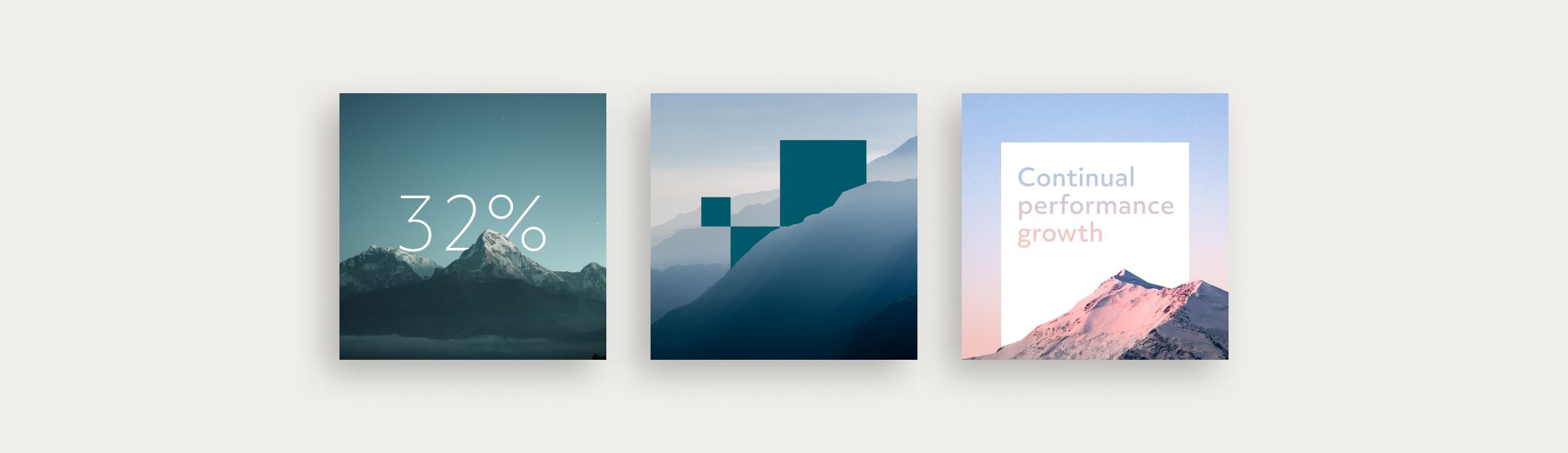 Social post designs, each show a different mountain range. The mountain ranges have been cut out so that different graphic elements can be placed behind them to superimpose them into the landscape