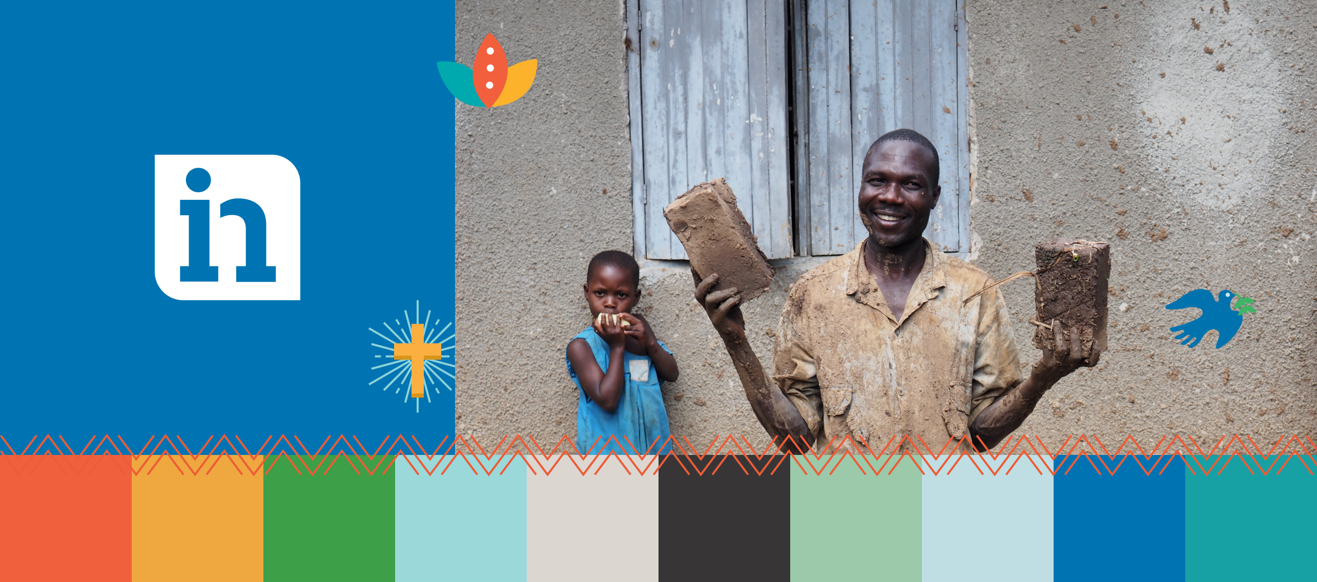 The international needs logo next to a man holding some bricks. sitting on top of coloured squares displaying the colour palette