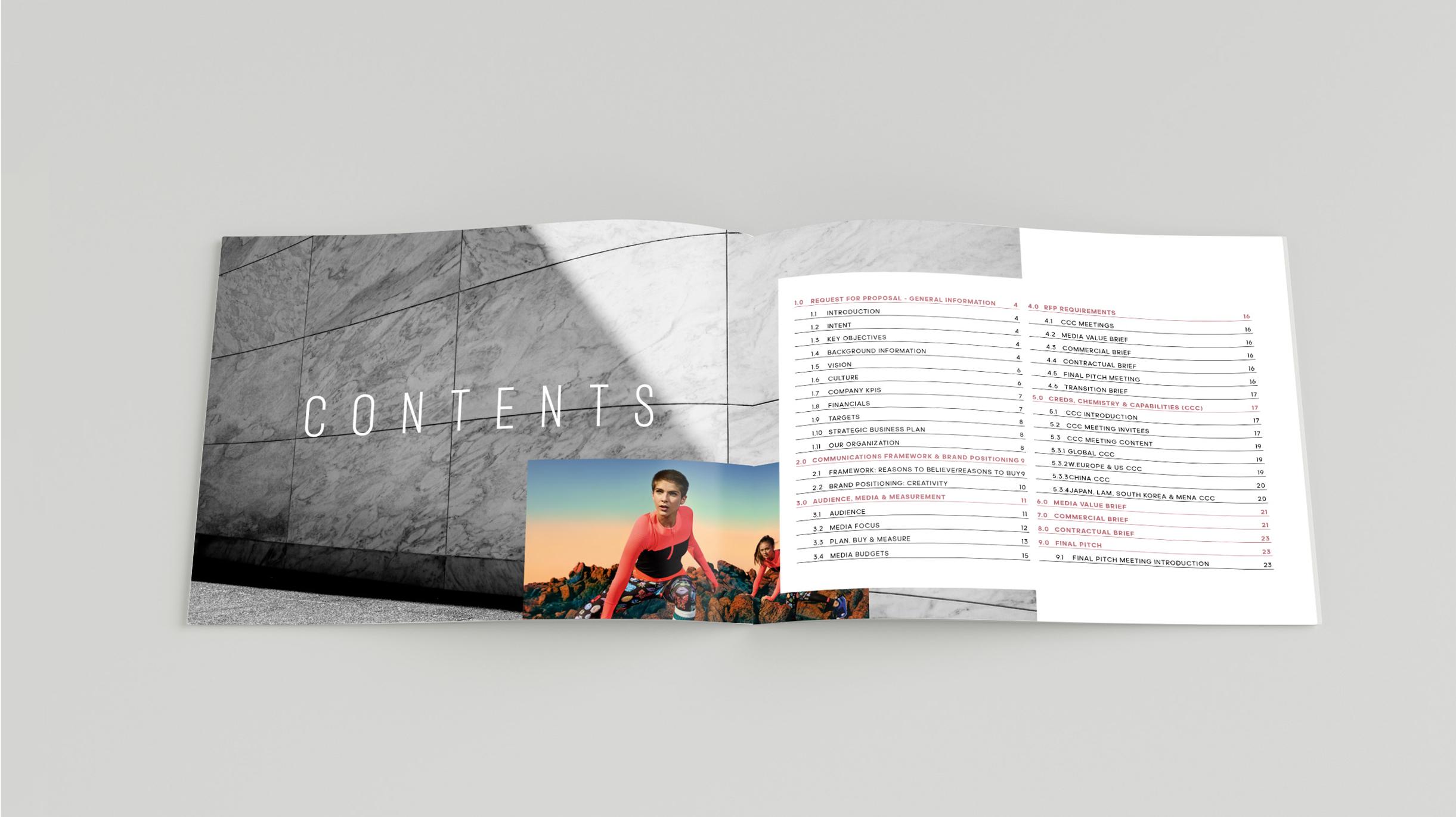 Printed magazine spread showing table of contents