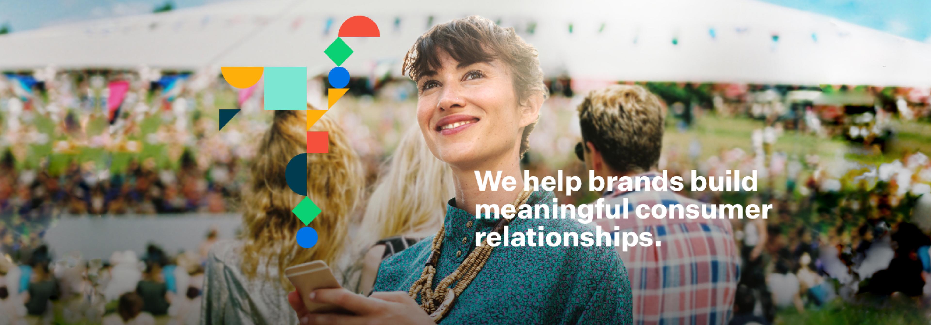 Banner design created for Peazie. The design features the colourful shapes from the brand overlayed on an image of a woman using her phone at a festival. The slogan reads 'We help brands build meaningful consumer relationships.'