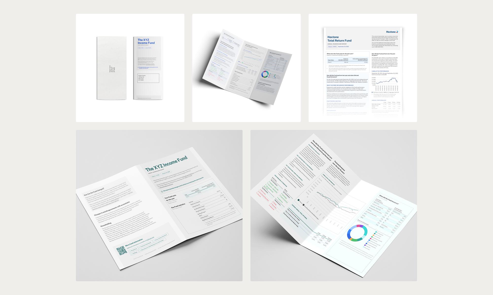 Mocked up visuals of the various print formats explored for the TSR. There is a tri-folded leaflet that creates a 6 page document, a US letter sized document that would yield 2 pages if printed on the front and the back and finally a 4 page leaflet created by folding a US letter sized piece of paper in half