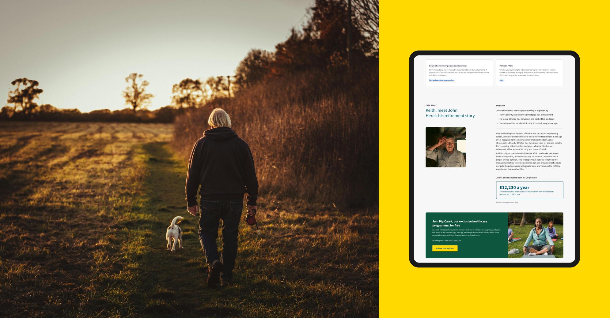 Image of an elderly man walking his dog in the countryside next to a mockup of the product on a tablet device
