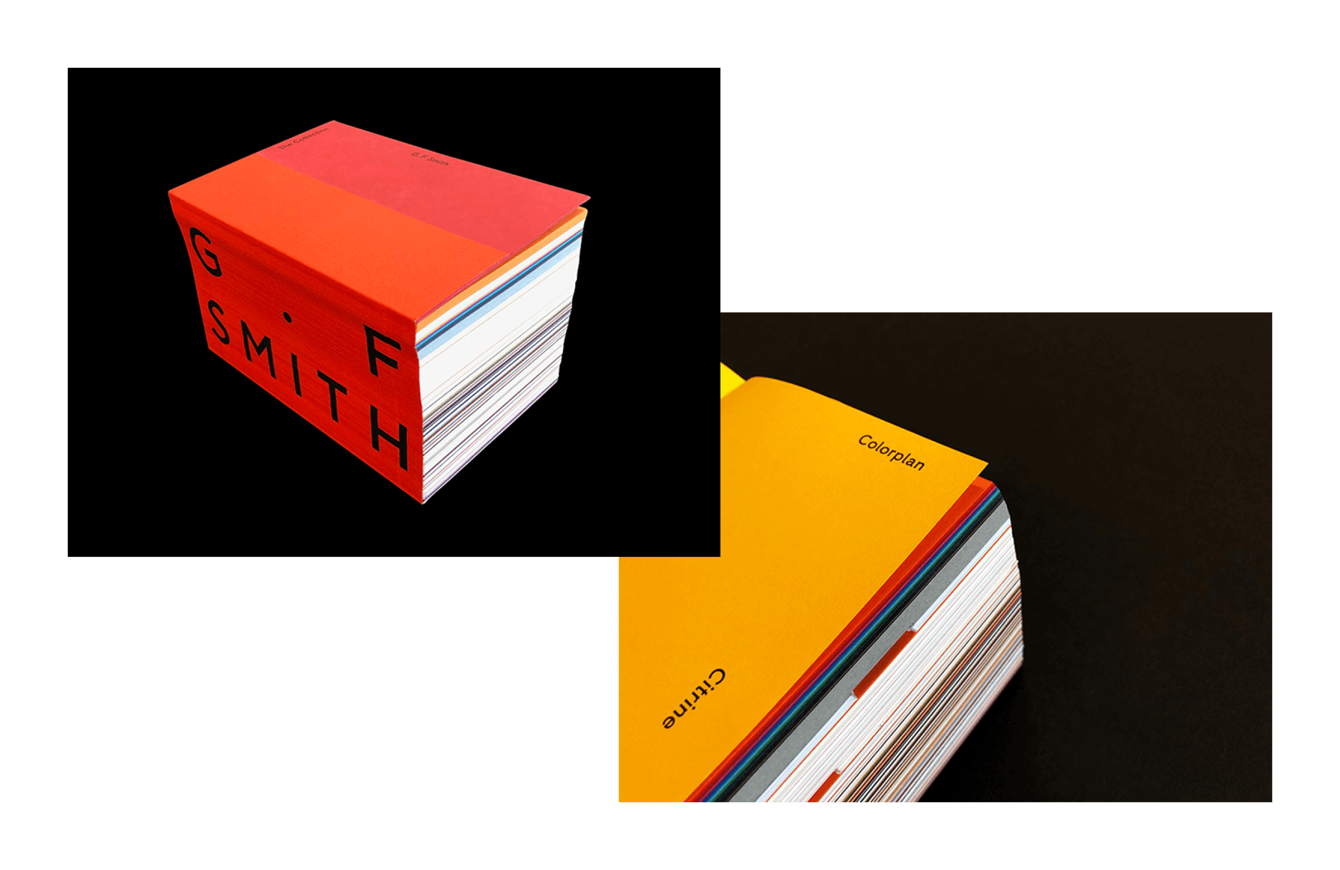 A collage of photographs of a G.F. Smith paper sample book