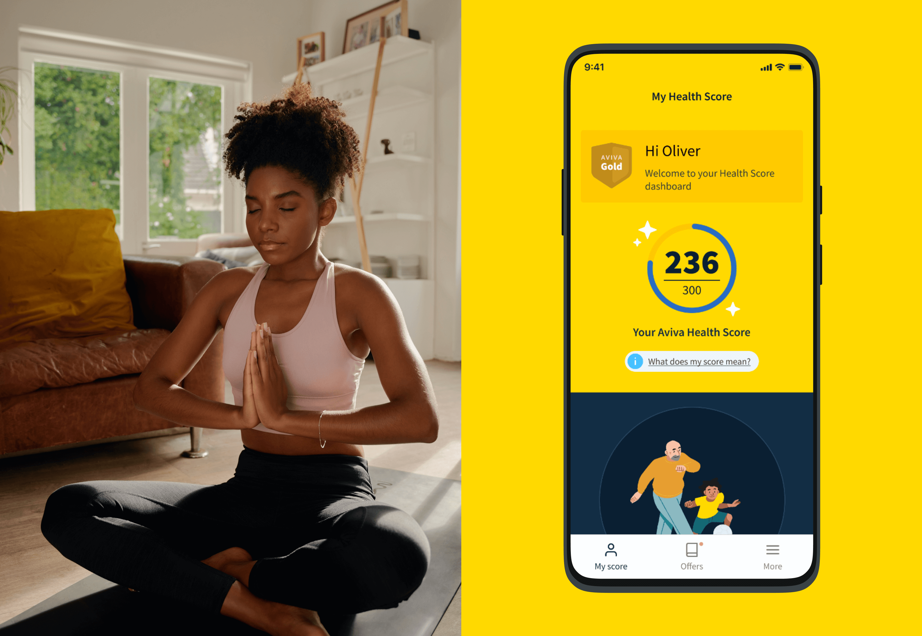 aviva photo of woman meditating with phone screen depicting health score