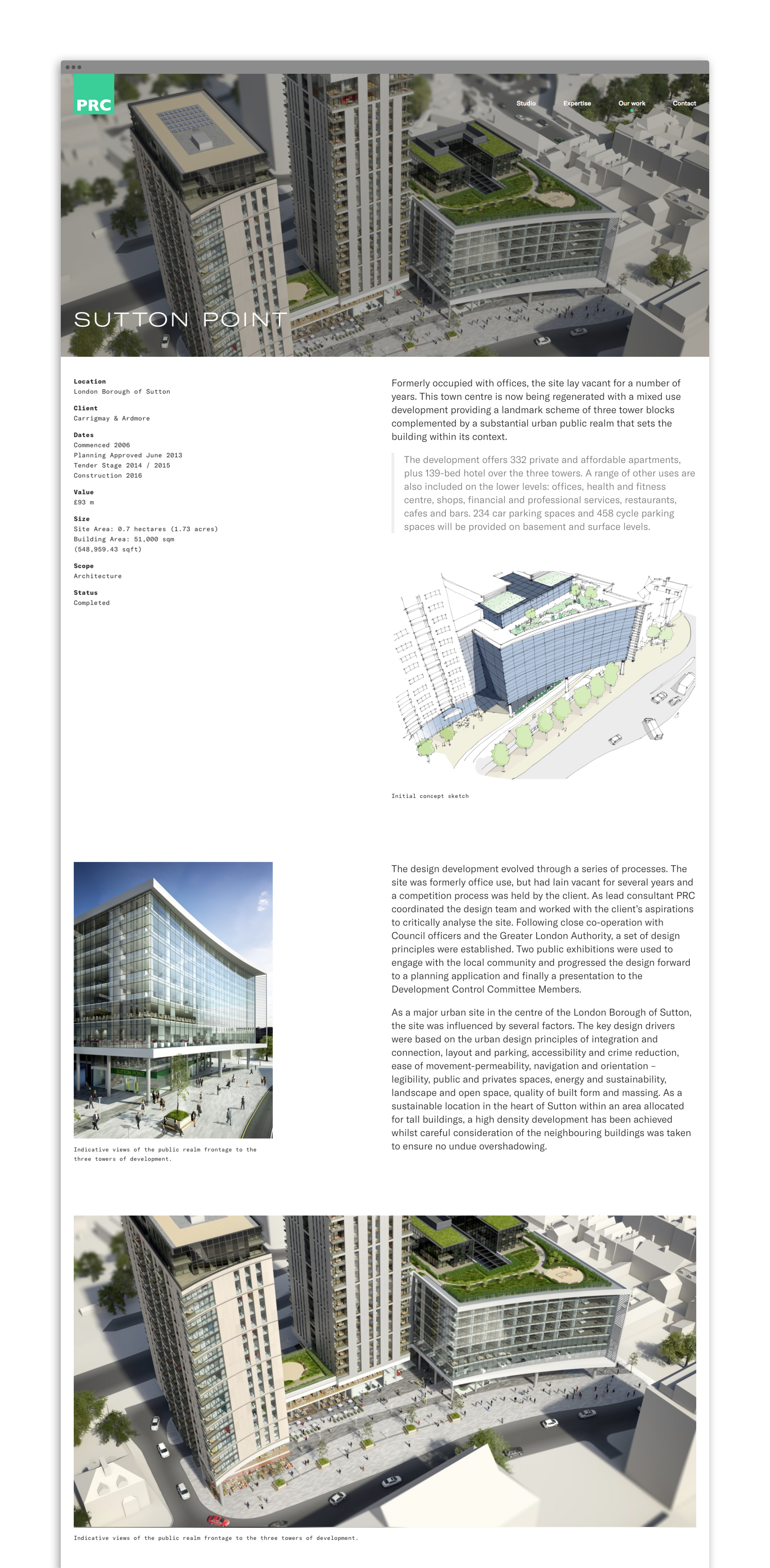 A case study page from the prc website showing a completed site with architectural supporting imagery and drawings.