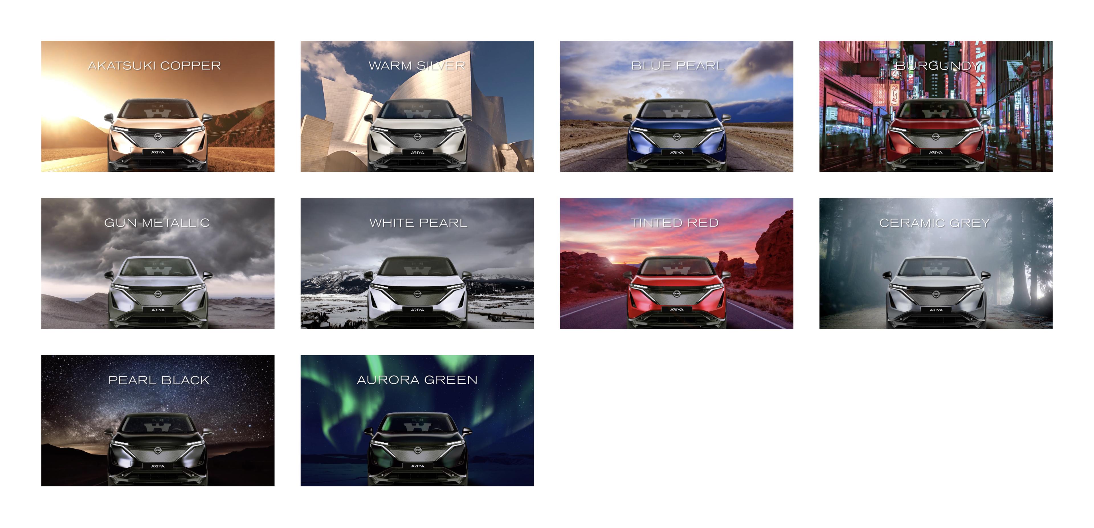 stills from the video displaying the nissan ariya in all of its colours