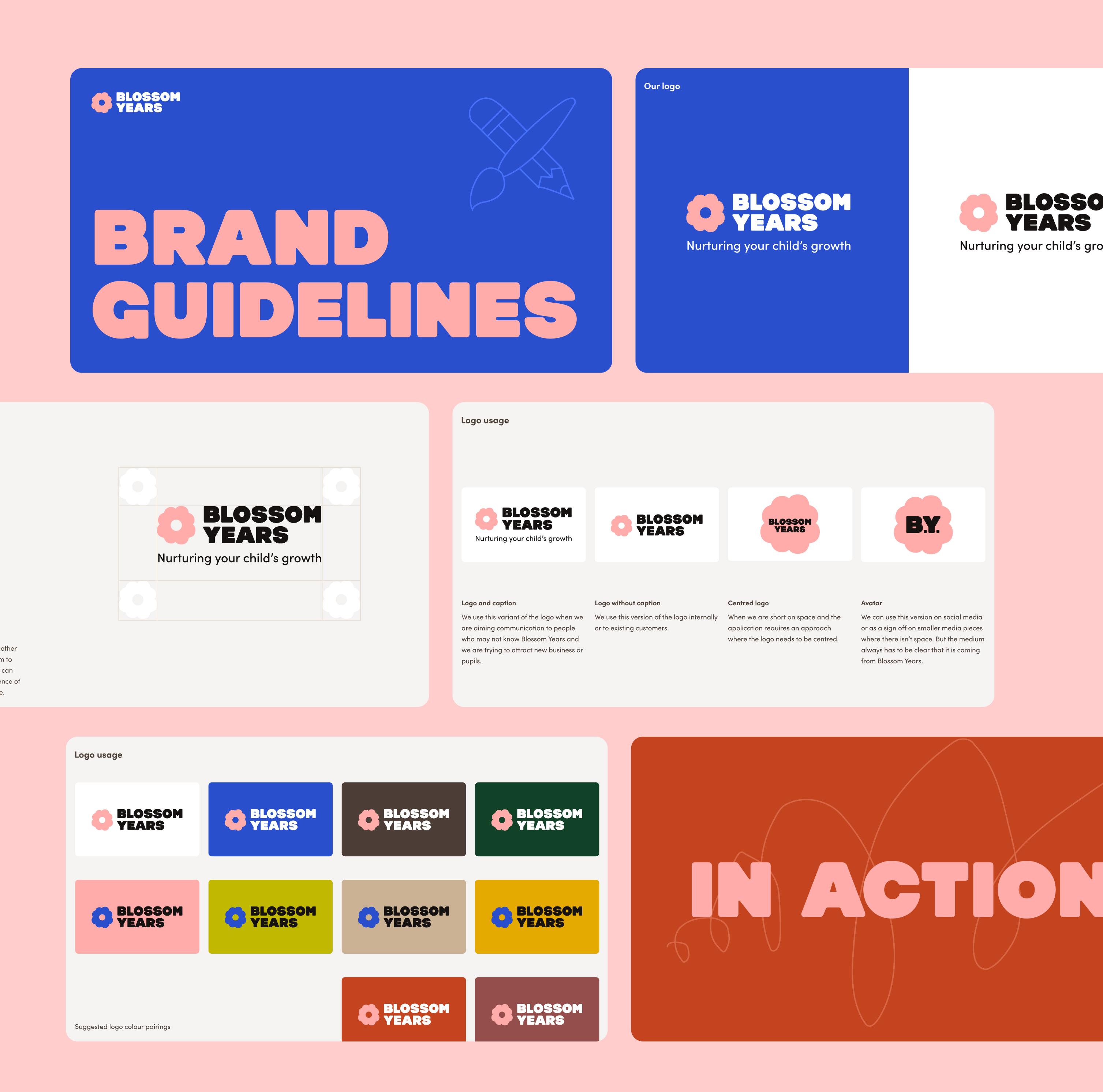 A collection of 6 screenshots of the brand guidelines, featuring the logo and colour palette.